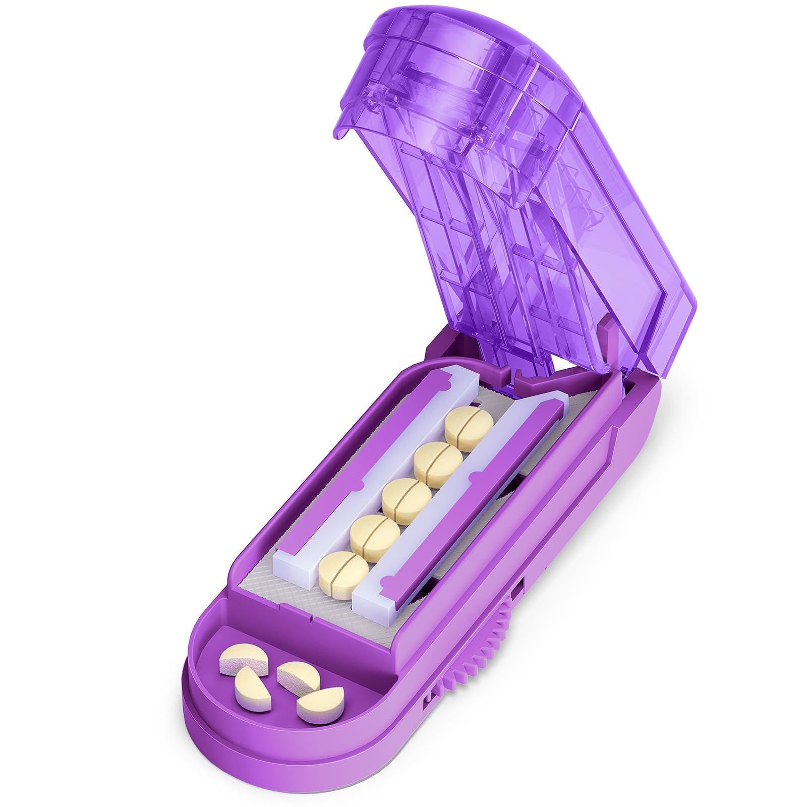 ONE PIX Multiple Pill Cutter Splitter for Small and Tiny Pills, Accurate 1/2 Tablet Splitter with Adjustable Bars &amp; Hidden Blade, Safely Cuts Large Medication for Seniors &amp; Pets (Purple)