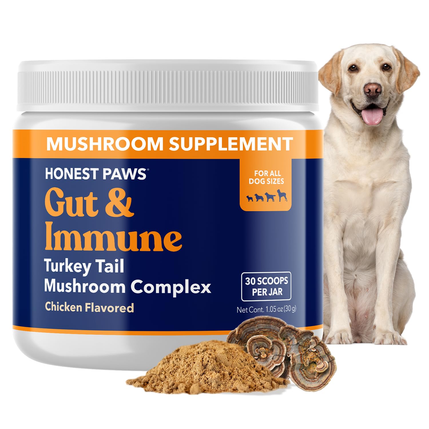Honest Paws Turkey Tail Mushroom for Dogs - Digestive and Immune Support - Shiitake, Reishi, Maitake Mushroom Supplement Powder for Dogs - No Filler, No Additives - (30 Scoops)