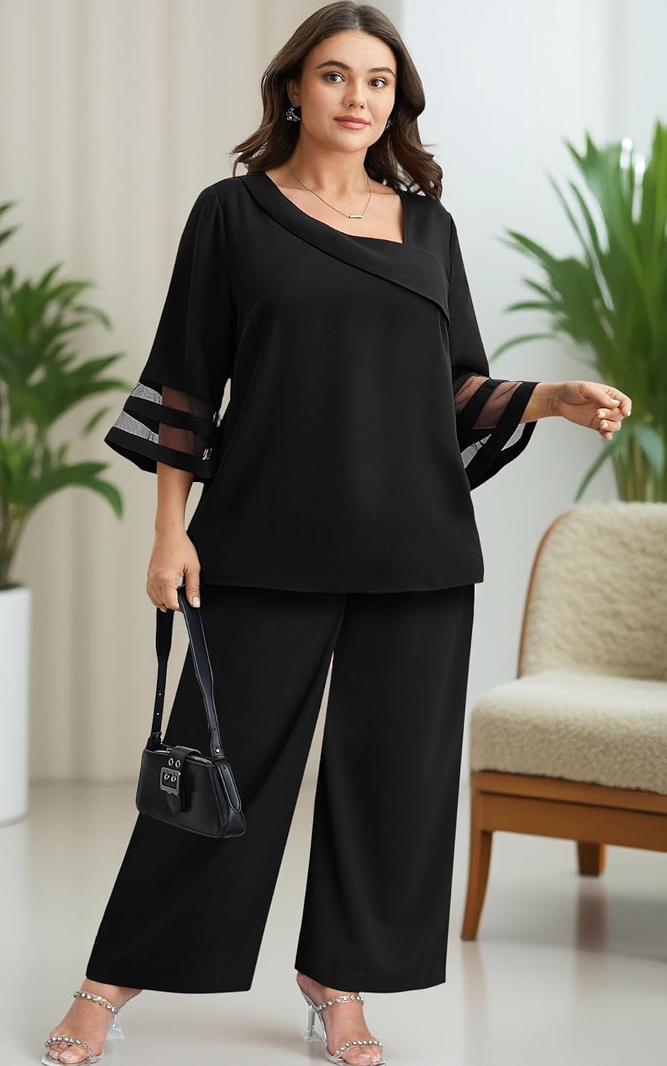 AOVDE Plus Size Pant Suits 2 Piece Casual Dressy Pantsuits Mesh Panel Bell Sleeve Outfits for Women Evening Dinner Party - Image 6