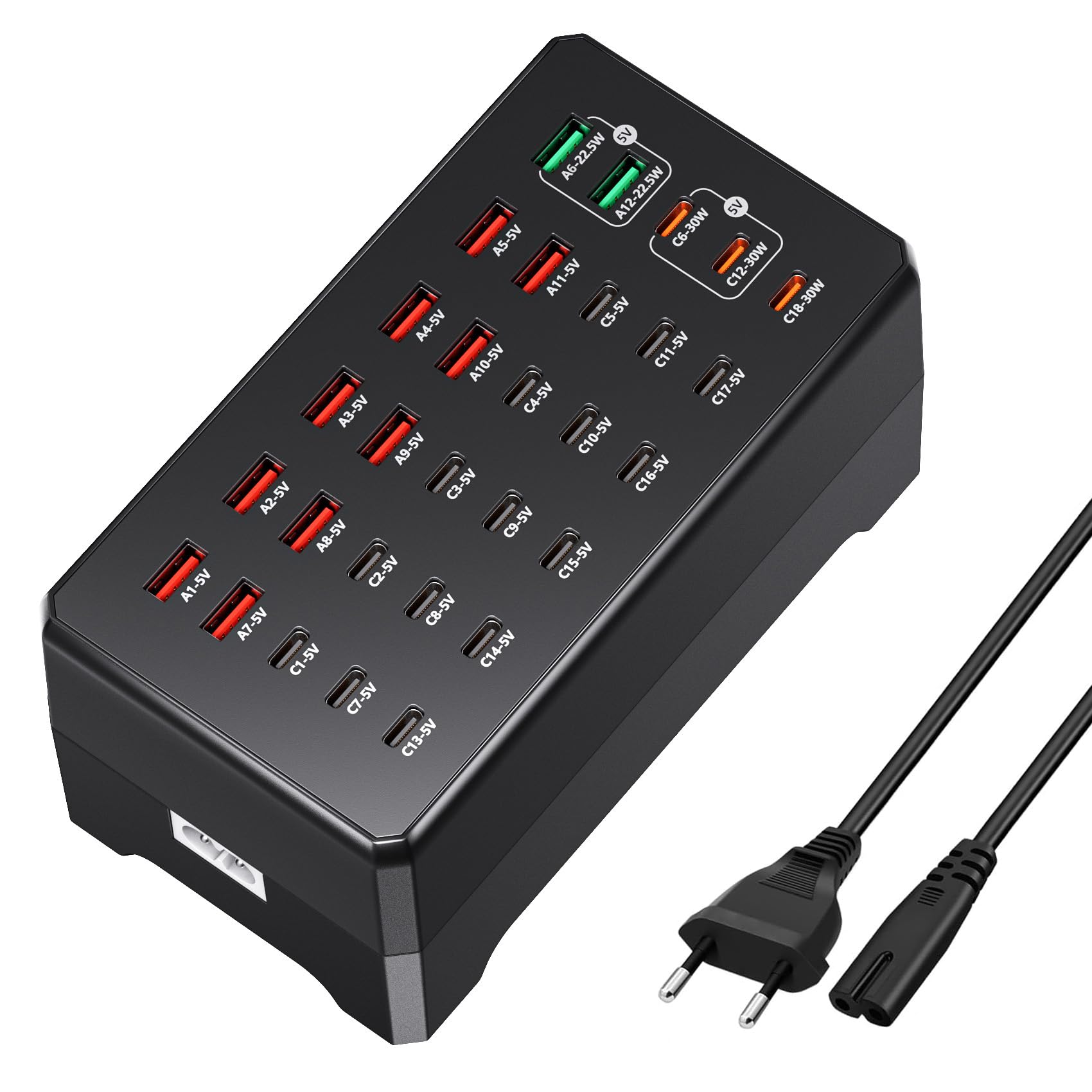 Station de charge multiple 150 W, chargeur USB 30 ports avec 12 ports USB-A et 18 ports USB-C, adaptateur de charge universel USB compatible avec smartphone, tablette, montre intelligente pour bureau