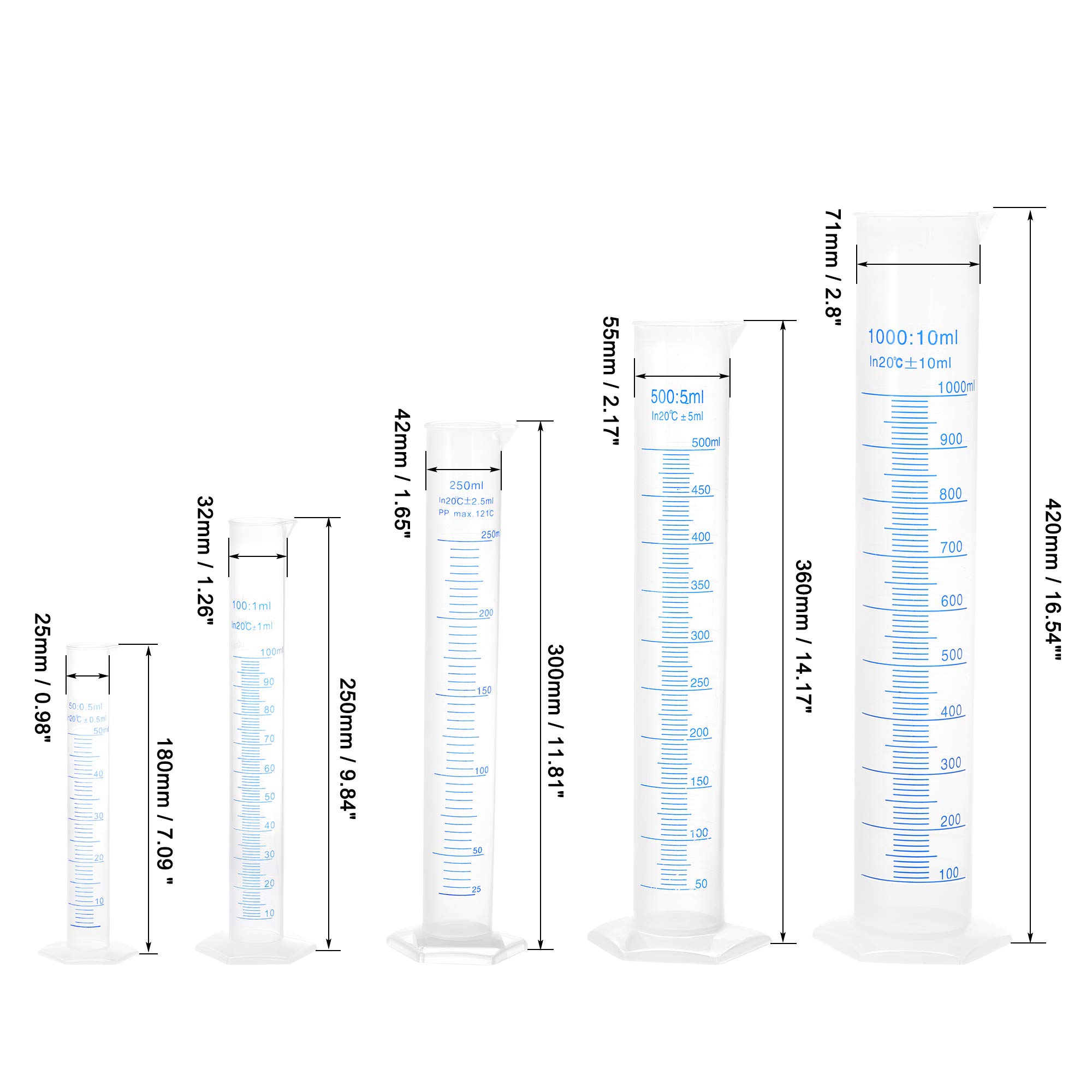 sourcing map Plástico Graduado Cilindro, 50ml 100ml 250ml 500ml 1000ml Medición Cilindro, Doble Cara Métrico Marcado, Transparente Hexagonal Base, 5 En 1 Juego