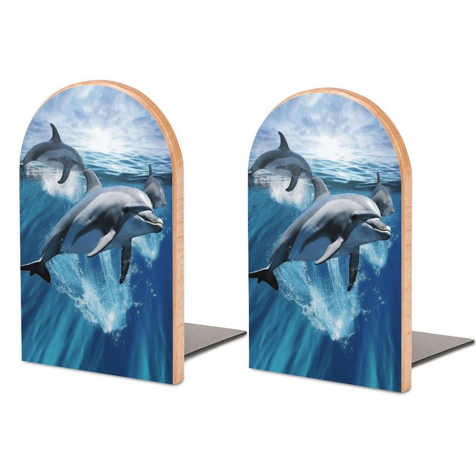 Dolphins Bookend for Shelves Non-Skid Book Holder Modern Heavy Duty Bookend Stopper Metal Base Wood Book End Books Shelf Holder Home Decorative 1pair 5x3.9x3.1