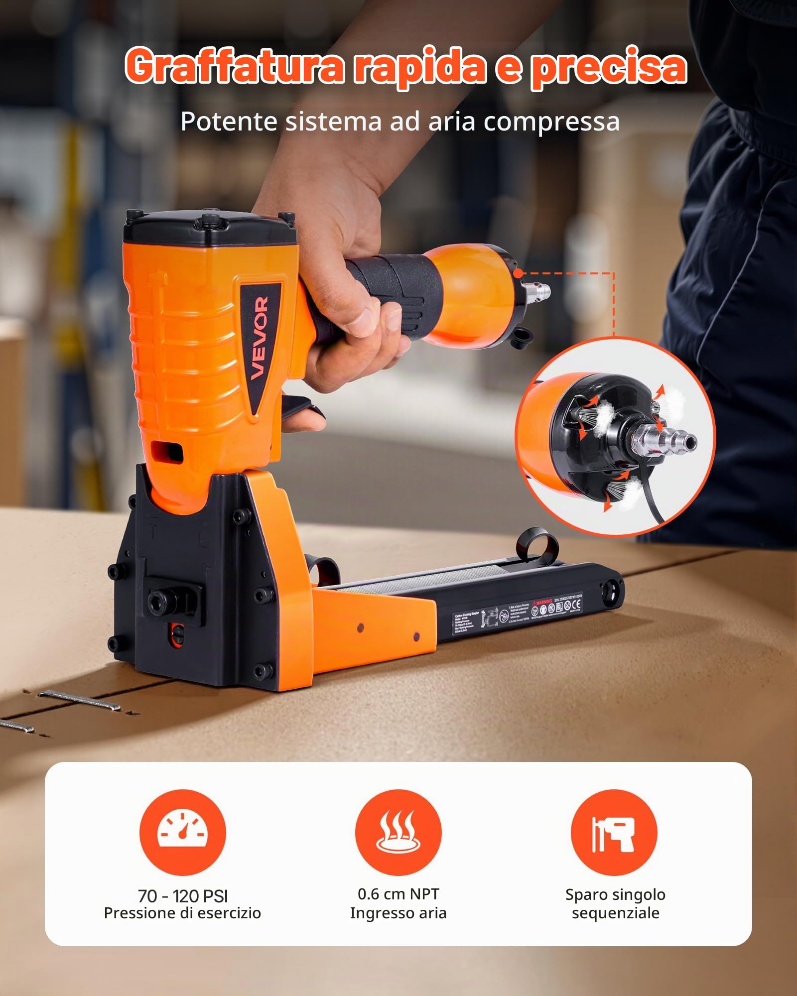 VEVOR Cucitrice Pneumatica per Chiusura Cartoni, Troncatrice per Punti Metallici per Cartone Calibro 13 per Corona da 34,8 mm, ad Aria Compressa da 70-120 PSI Regolabile in Profondità per Scatole