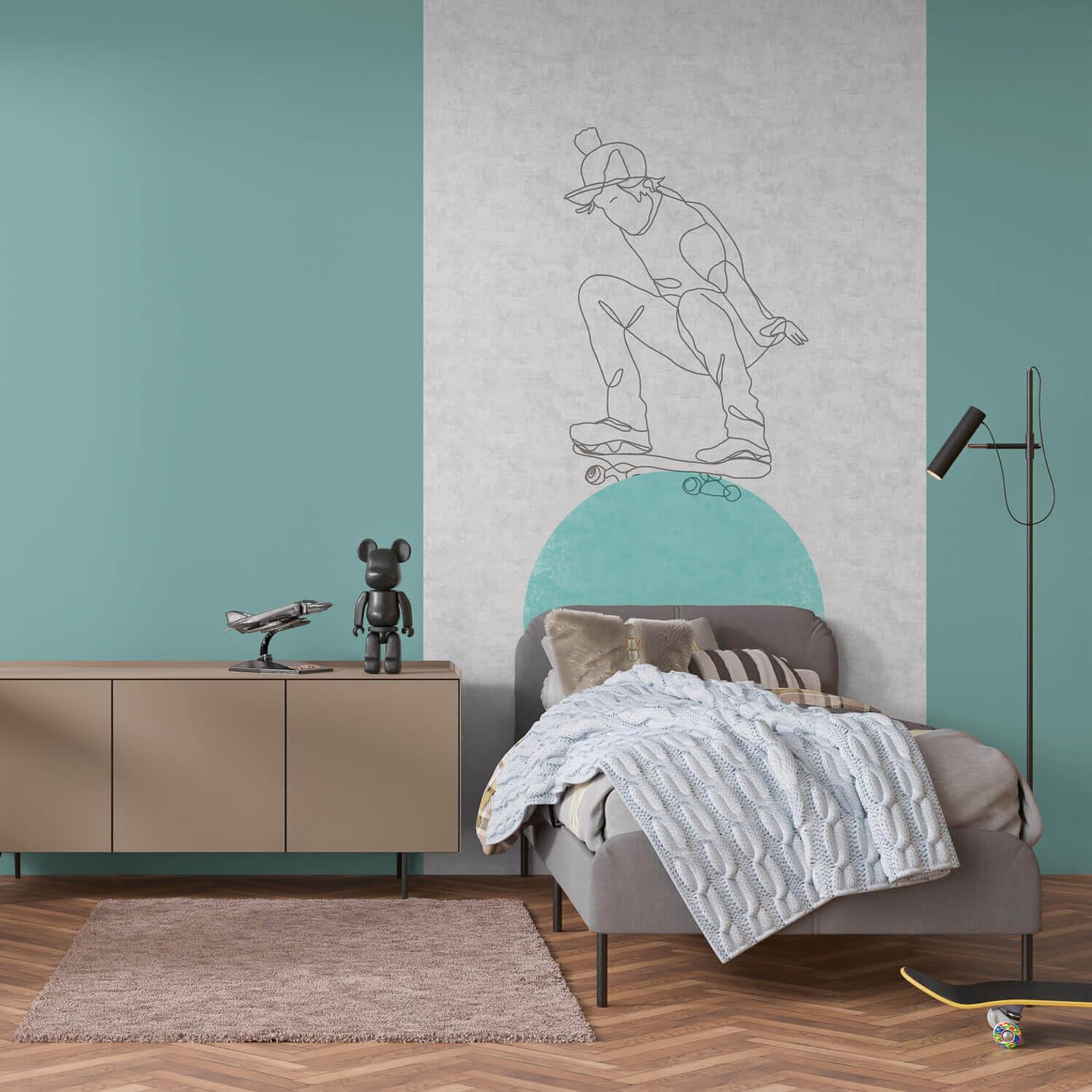 Papel pintado infantil lavable y antimanchas fotomural TNT gris y turquesa Profhome 770681-GU
