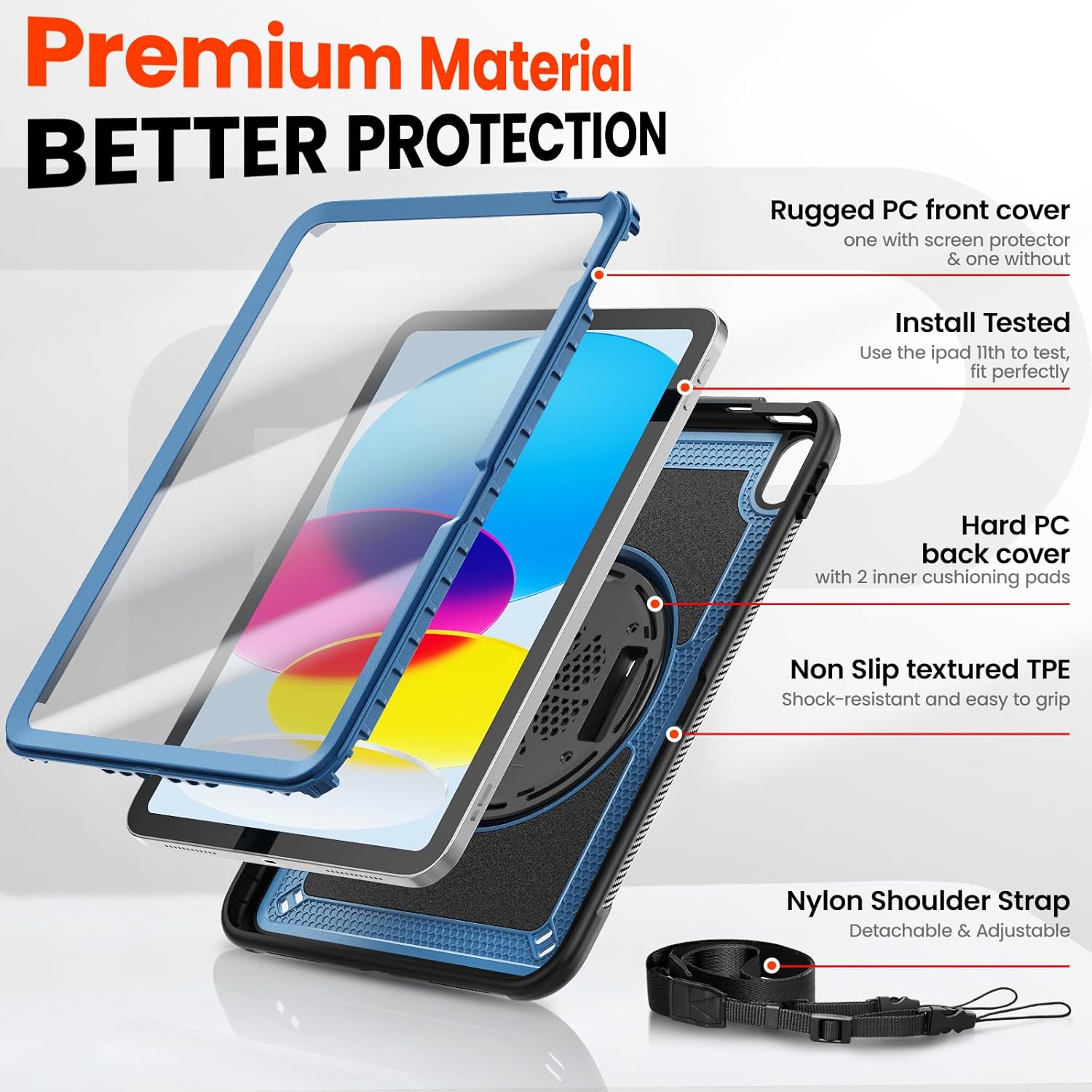 Case for iPad (A16) 11th Generation 11 inch 2025, and for iPad 10th Generation 10.9 inch 2022, Full-Body Protect Case with Screen Protector, Pen Holder &360° Rotate Hand Strap/Stand, Blue