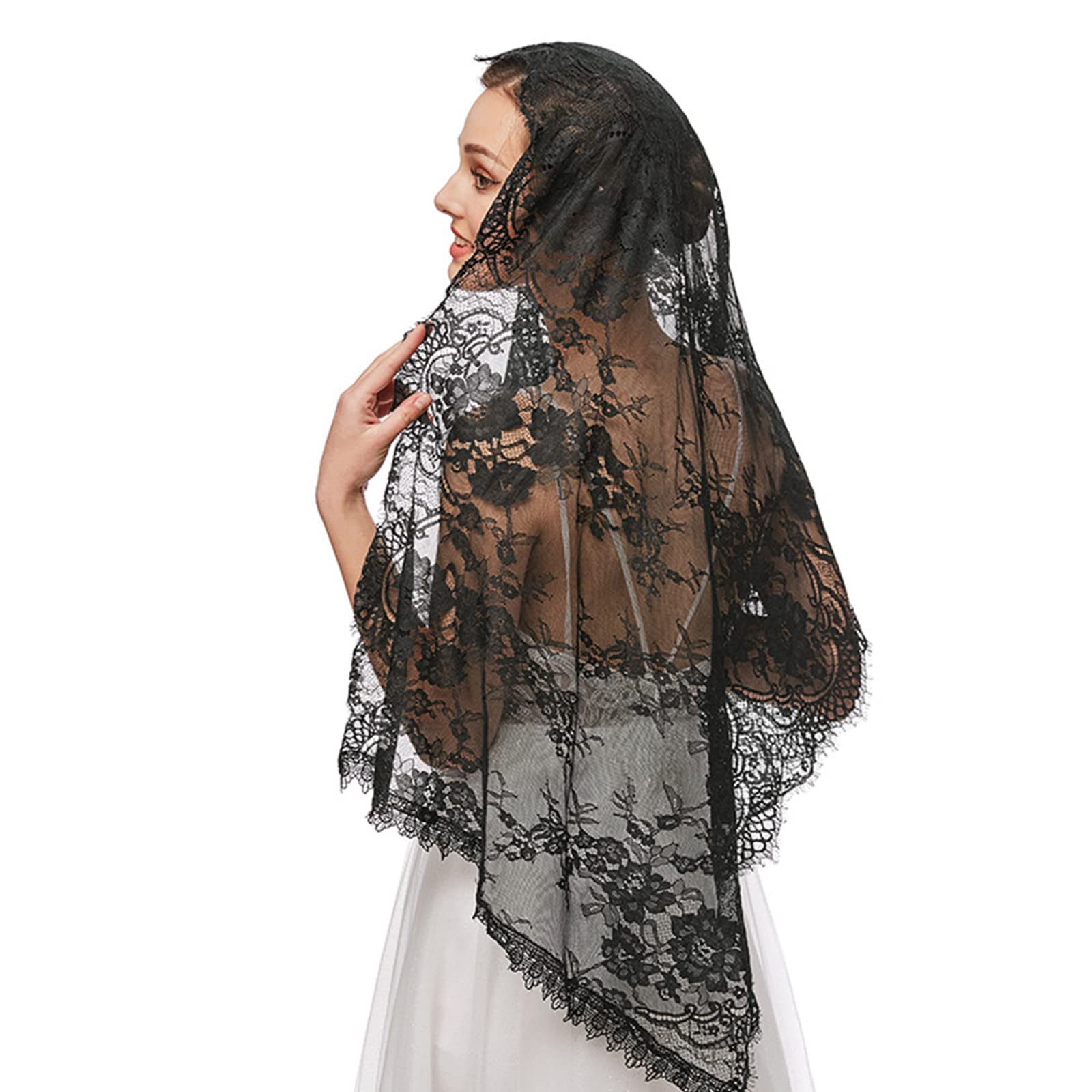 Châle Mantilla Espagnol Vintage - Dentelle Noire 205x71 Cm, Années 1950, Motif Floral - Occasion Bon État