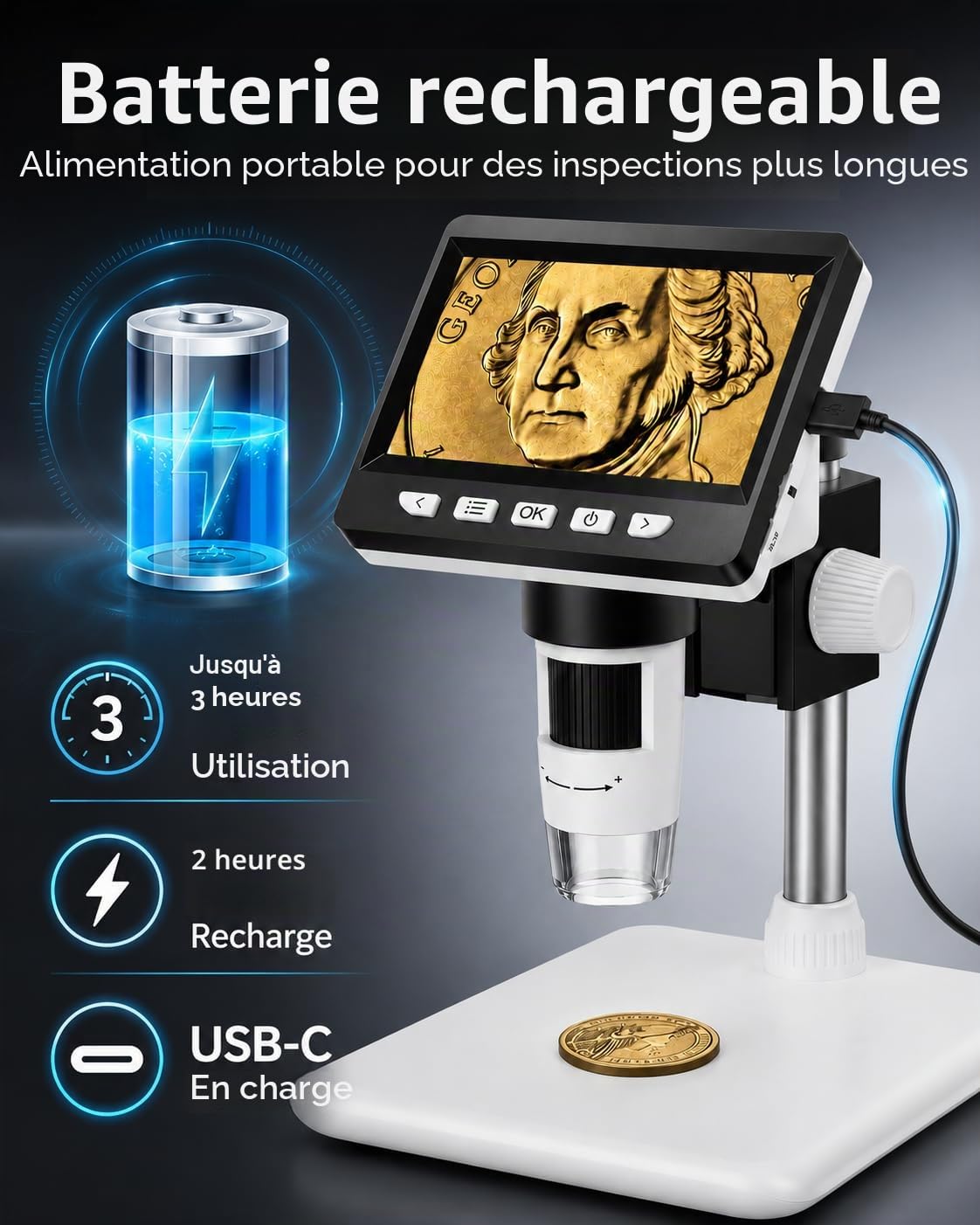 AOPICK Microscope Numérique, 4.3'' IPS Microscope à Grossissement 50X-1000X, 1080P FHD Monnaie Microscopeavec 8 Lumières LED et Batterie Rechargeable, Compatible avec Les Systèmes MacOS et Windows