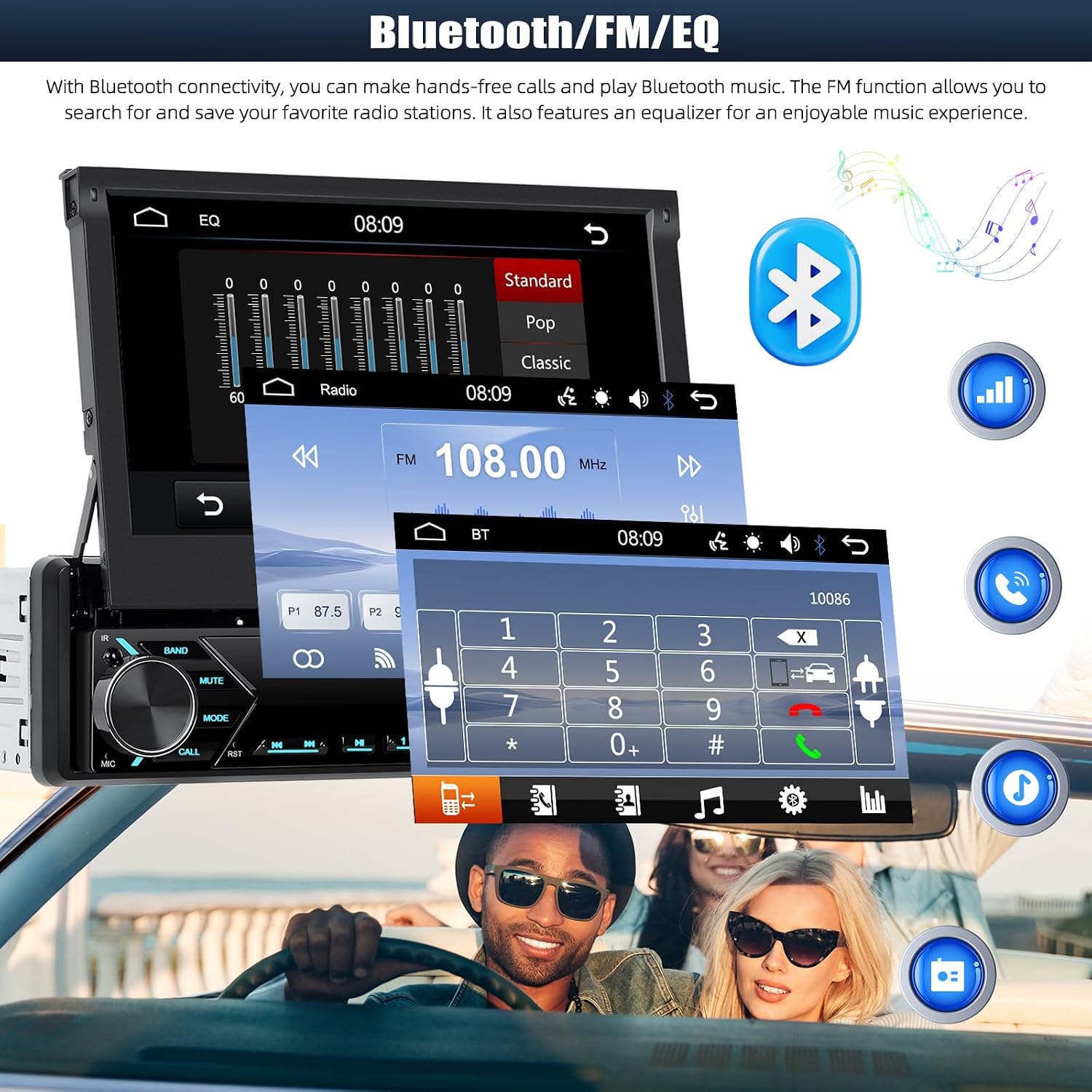 Car radio screen showing FM radio interface and Bluetooth connectivity options.