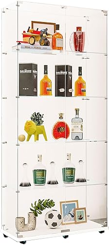 Miniatura 80 de Vitrina de cristal con 4 estantes con tira de luces LED y cerradura, vitrina de vitrina con ruedas y 1 puerta, vitrina de vidrio templado para sala