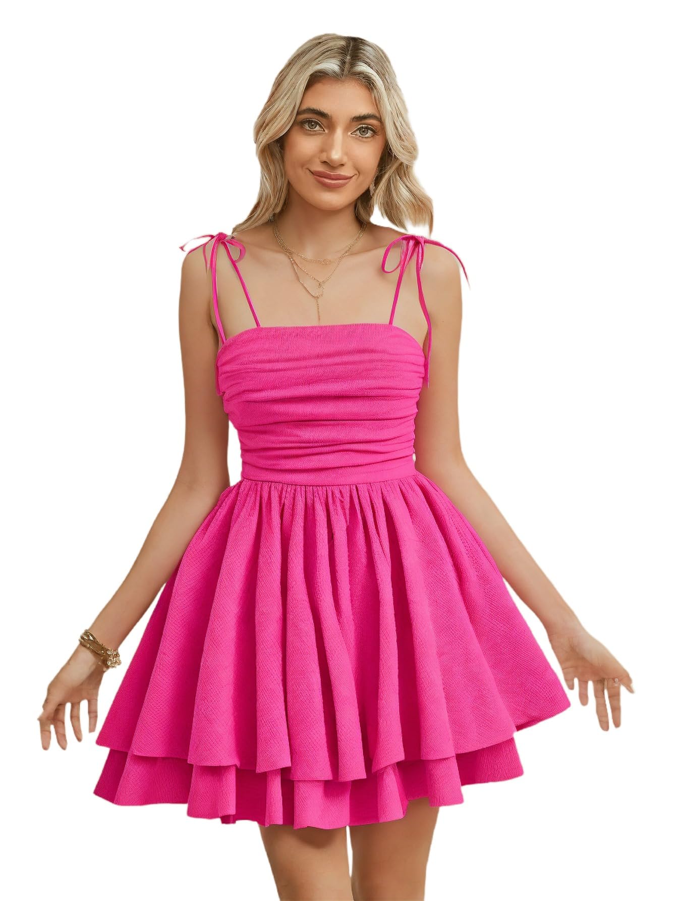 WDIRARA Women's Tie Shoulder Ruched Sleeveless Shirred Layered Ruffle Hem Cocktail Party Cami Dress