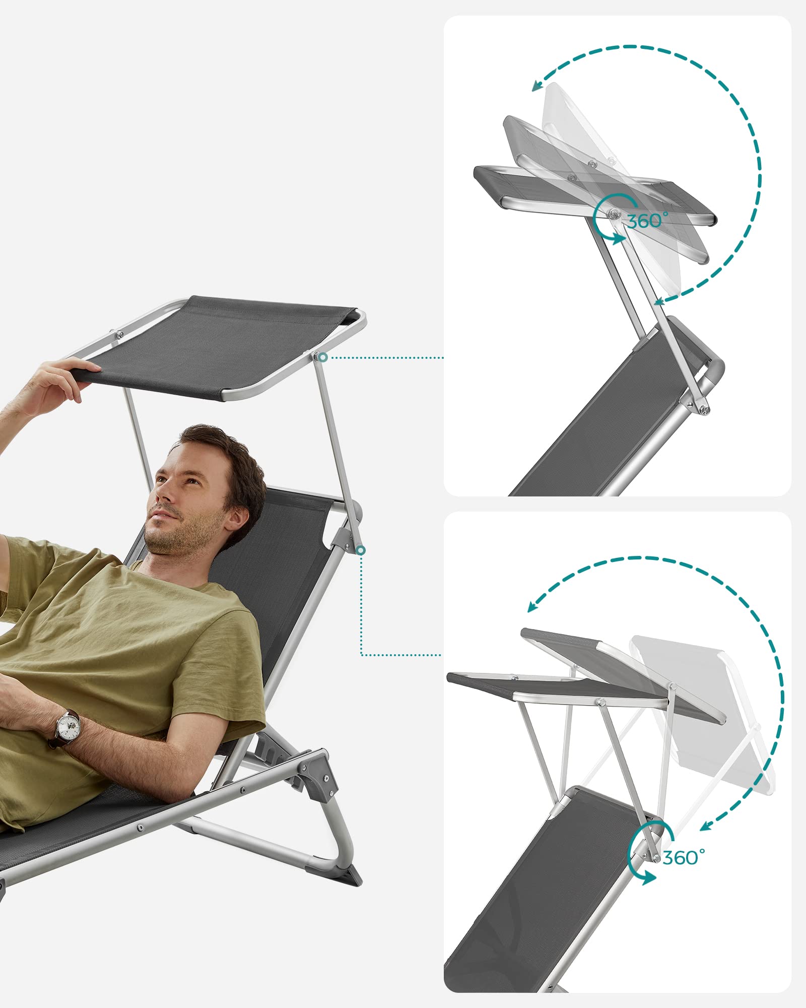 SONGMICS Lot De 2 Chaises Longues Pliables - Transat Plage Jardin Avec Appui-tête, Gris Ardoise 158x55cm