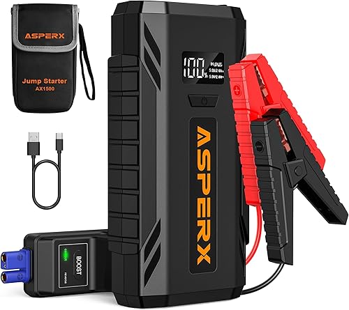 ASPERX Arrancador de coche, batería de pico de 1500 A para motor diésel de hasta 7.0 L o 5.5 L, batería portátil de 12 V con pantalla LCD de 1.4