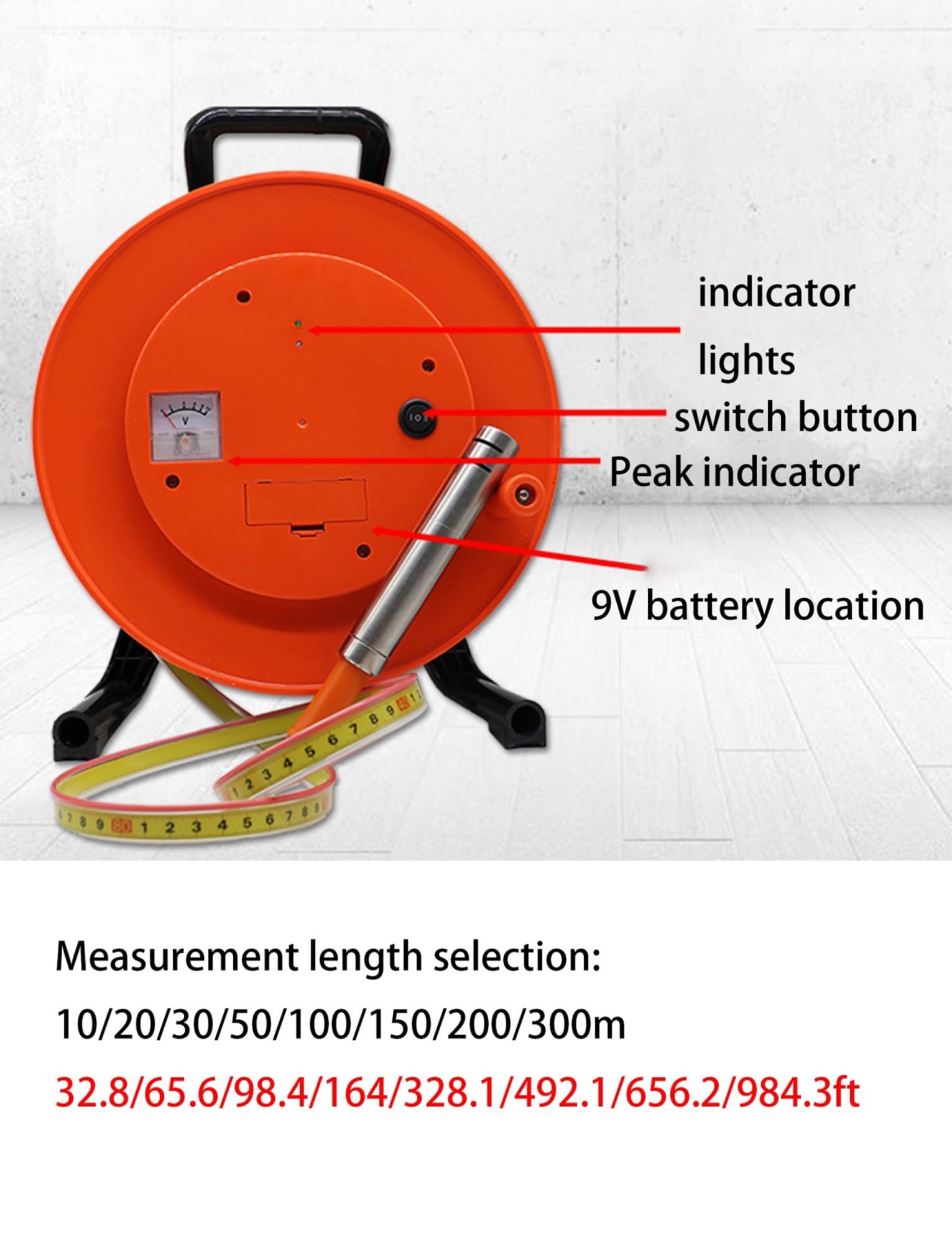 Wasserstandsmesser mit Peak Hold Funktion, 25 mm Sonde & LED-Anzeige für Grundwasser, 10-300 m Bohrlochtiefenmesser