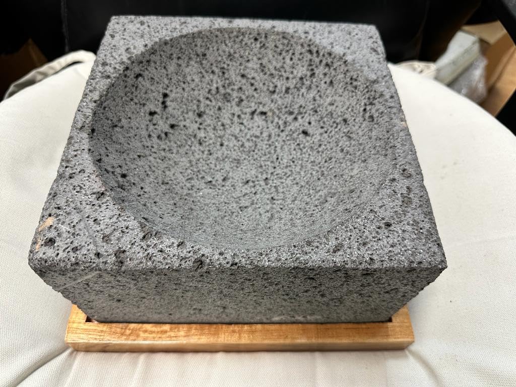 Made in Mexico Guacamole Maker Large 9" Square with Wooden Base Genuine Mexican Manual Guacamole Salsa Maker Volcanic Lava Rock Stone Molcajete Mortar and Pestle
