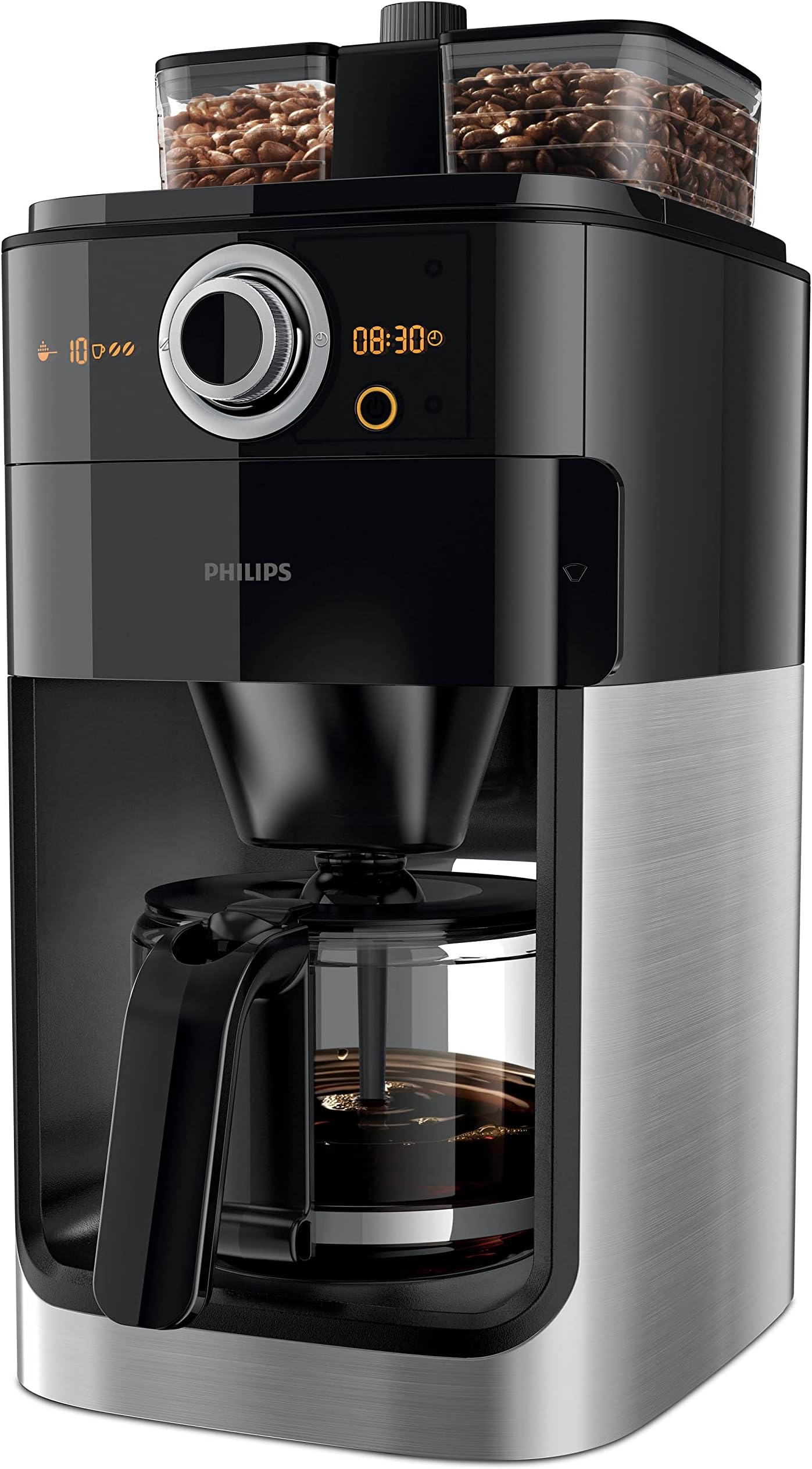 PHILIPS Grind and Brew Coffee Maker with Glass Jug, Grind and Brew System, HD7762, Black/Silver, 2 Years Warranty - UAE Version, HD7762/00, Grind & Brew