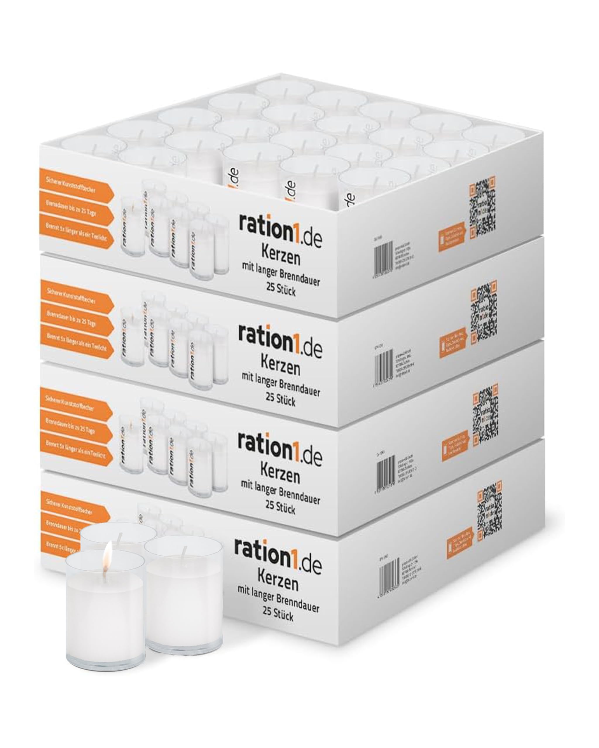 ration1 Teelichter Set 100 Stück, Kerzen mit 24 Stunden Brenndauer, Transparente Kunststoffhülle, weiß, ohne Duft, für Innen & Außen, Feste, Gastro, Balkon, Camping, Outdoor, Zuhause & Notfall