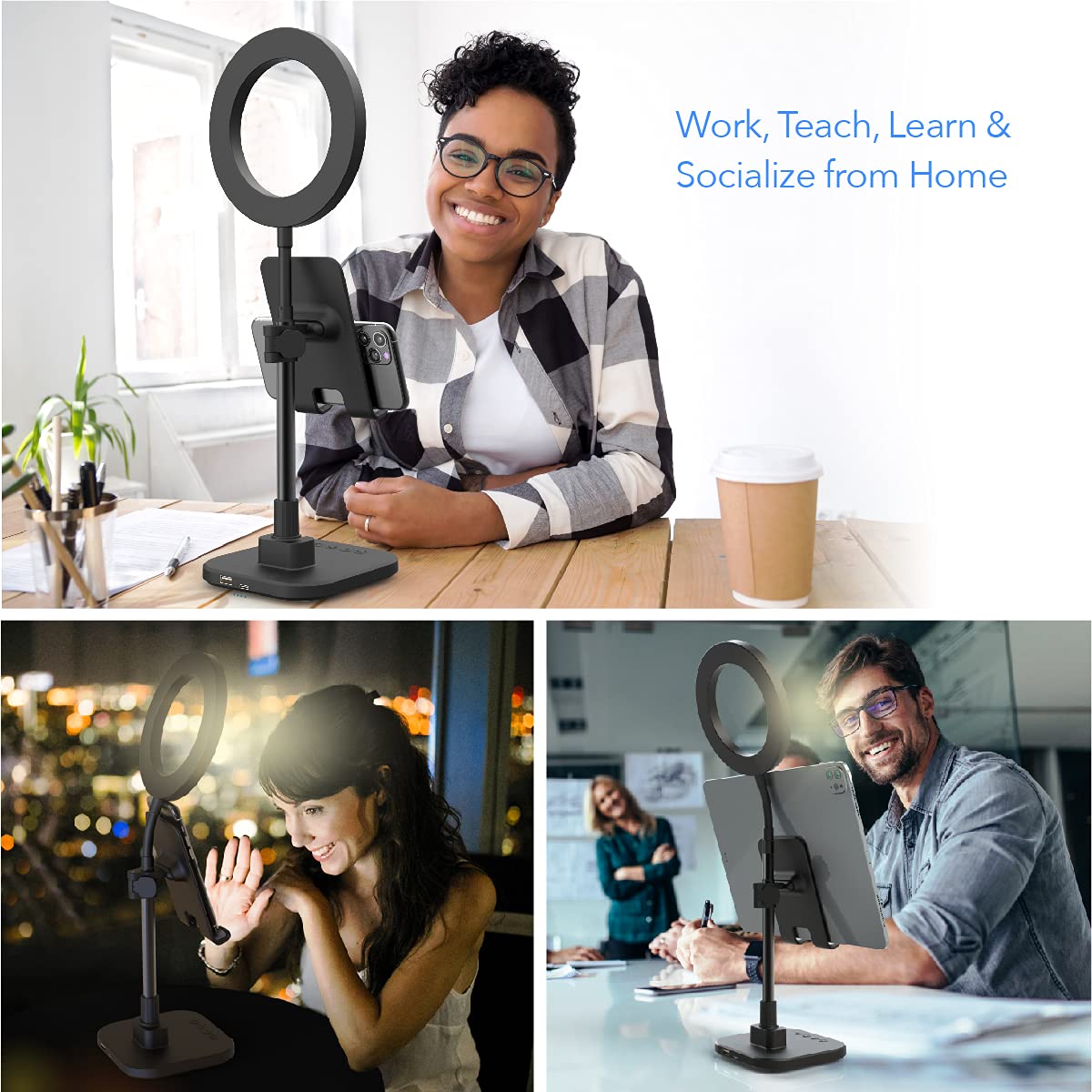 DigiPower LED Ringlicht Schreibtischlampe mit Smartphone- und Tablet-Halterung inkl. Akku, höhenverstellbar, für Videocalls am Arbeitsplatz und Home Schooling, schwarz, DP-WSH-PH6, weiß