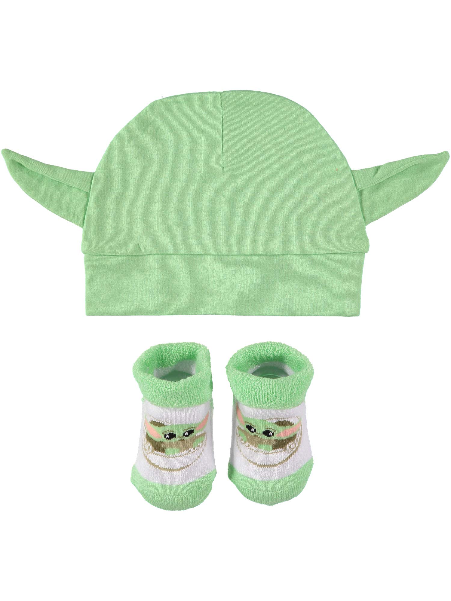 STAR WARS Baby Boys The Mandalorian Cap and Bootie Set - Baby Yoda Baby Gift Set with Hat and Socks (Green/White, 0-12 Months)