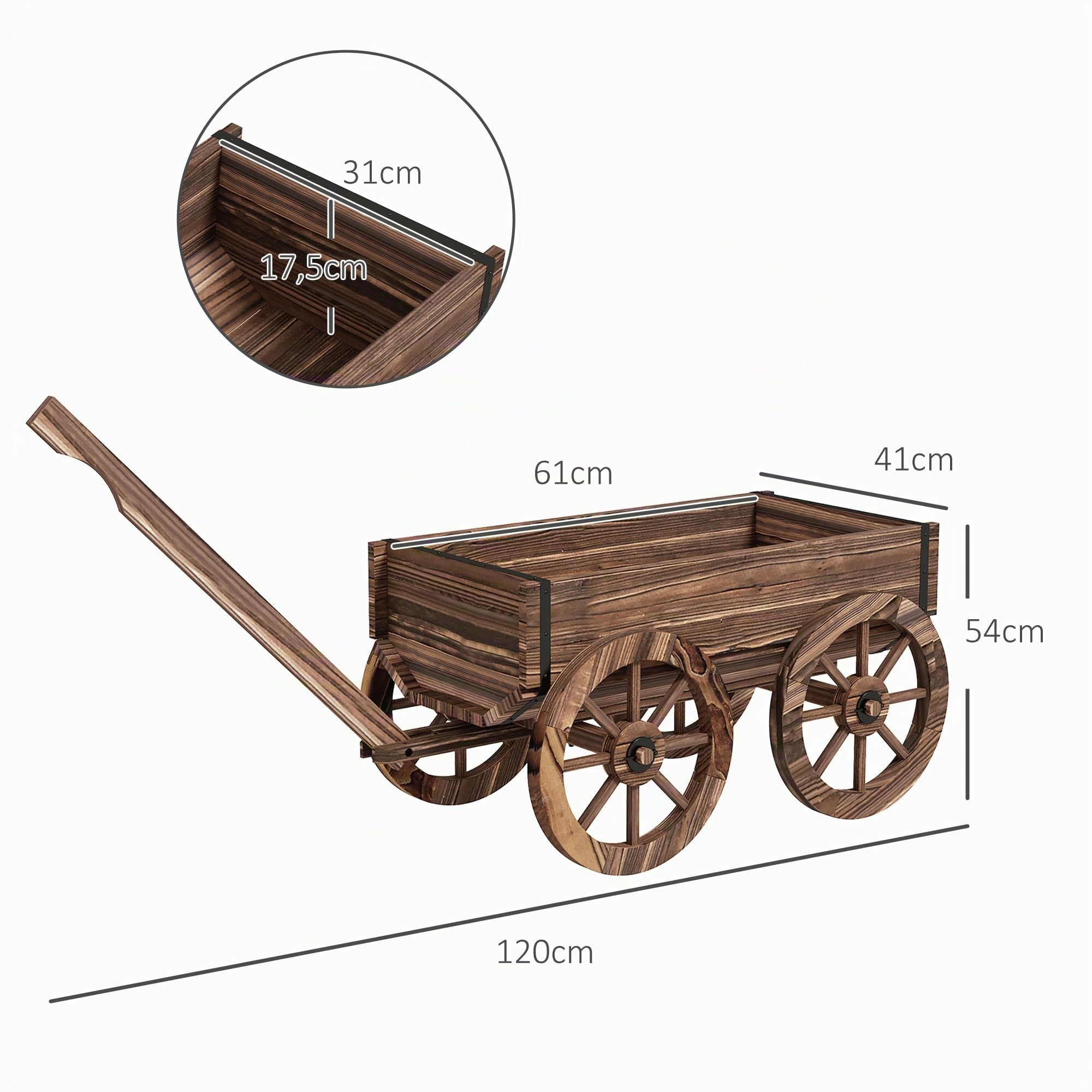 Outsunny Jardinera de Madera Exterior Carrito 120x41x54 cm Carbonizado | Macetero en Forma de Carrito, 4 Ruedas, Mango, para Balcón Jardín Patio