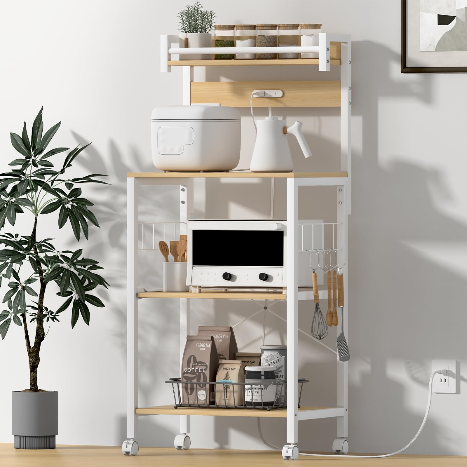 Kitchen Baker Rack, Width 22.4 x Depth 15.5 x Height 52.2 inches (57 x 39.2 x 133 cm), Kitchen Storage Rack with Hooks and Casters, 5 Colors, Epoxy x Melamine, Heat & Stain Resistant, Stove