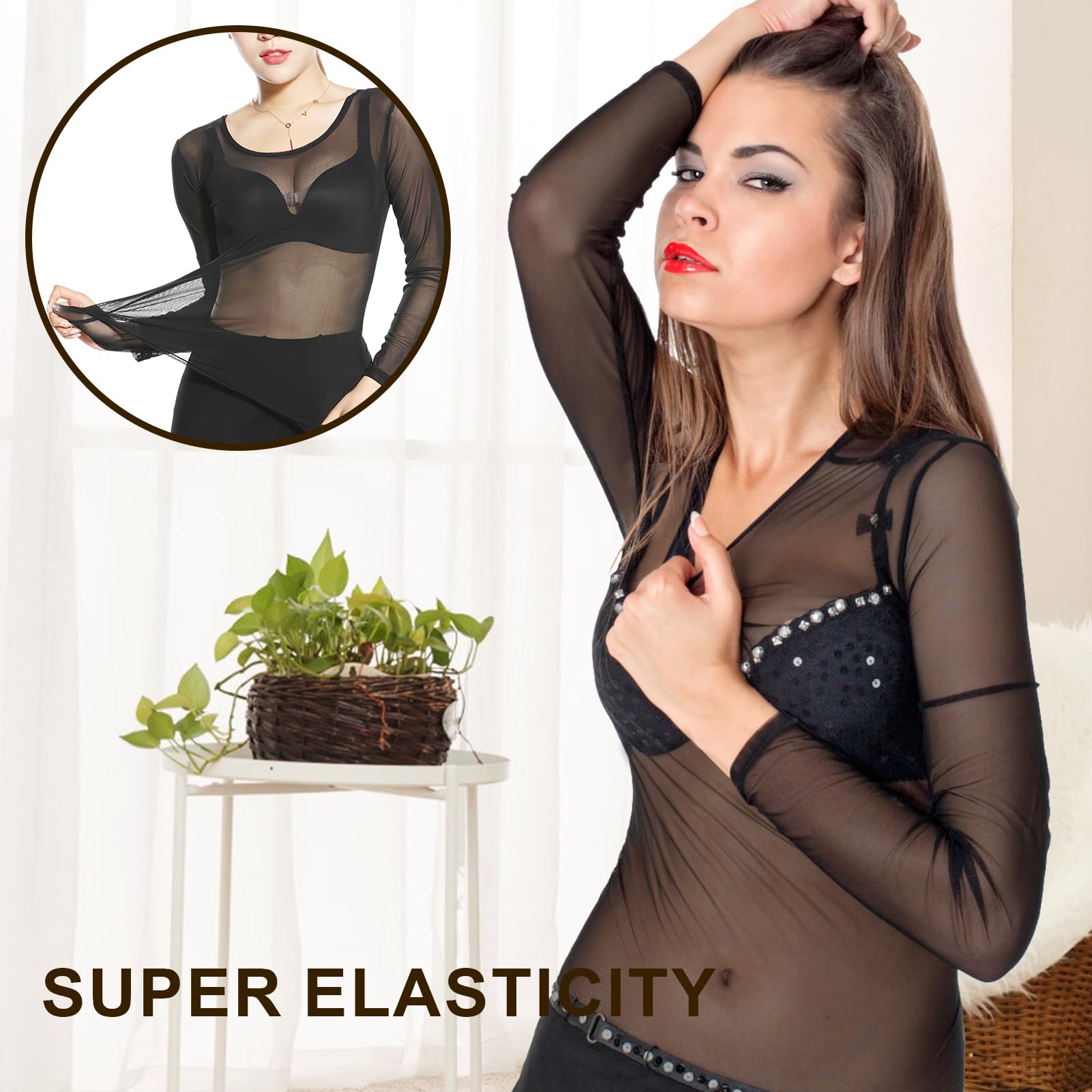 Haut Transparent Femme T-Shirt Noir en Maille Manches Longues | Polyester Extensible, Coupe Slim, Taille Unique 90-100 CM, Col Rond, Idéal Soirée Festival Ou Superposition