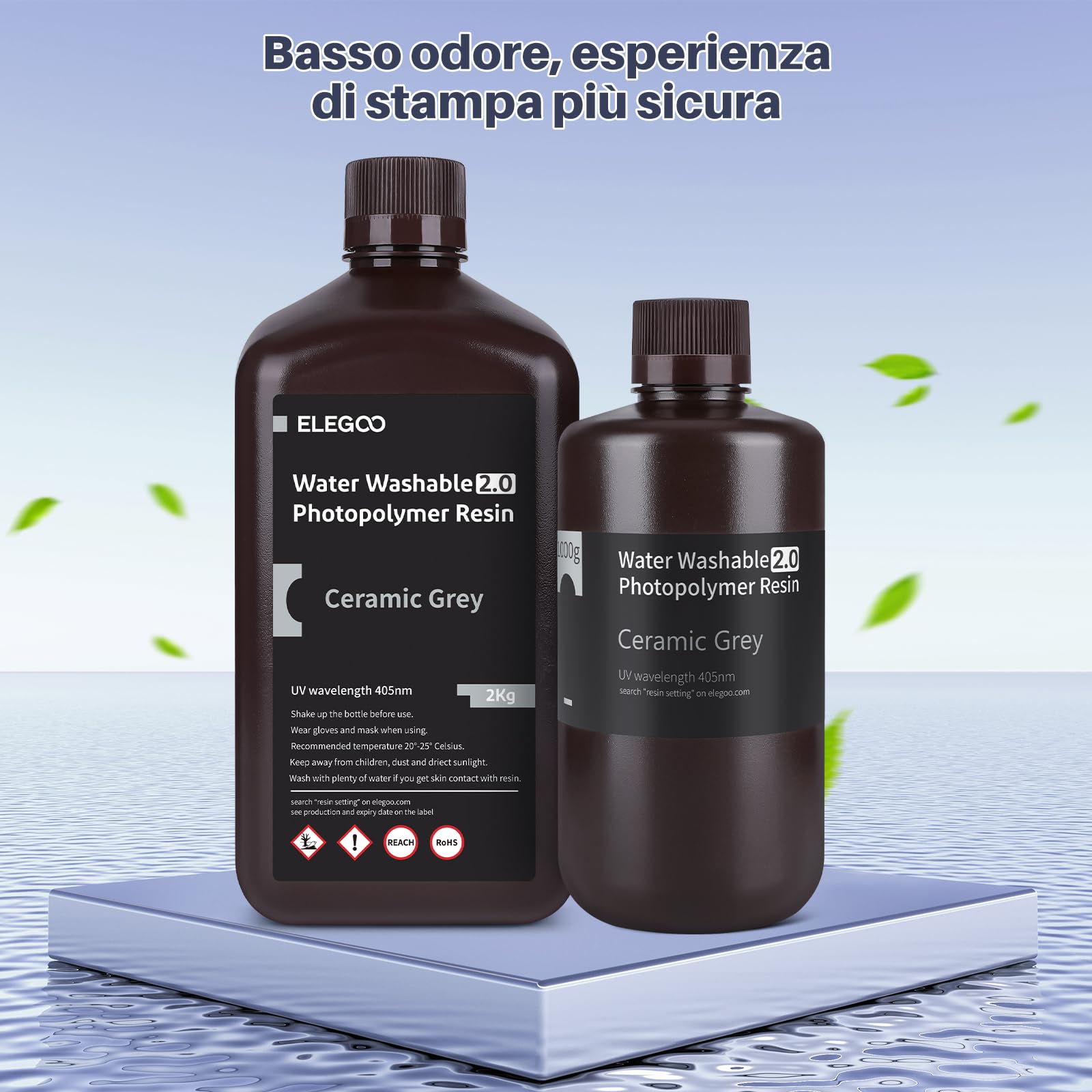 ELEGOO Resina Lavabile in acqua Potenziata 2.0, Resina 3D a 405 nm a Polimerizzazione UV con Basso Restringimento e Maggiore Precisione per Stampante LCD 3D, Grigio Argilla 1000G
