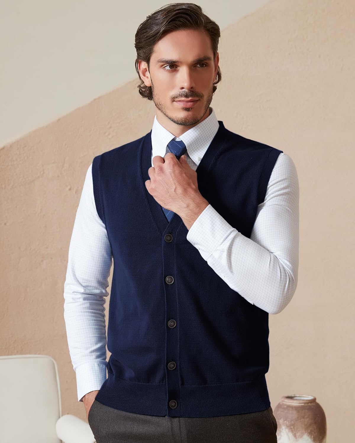 Kallspin Men’s Button Down Sweater Vest Lightweight Knitted Pure Cotton V-Neck Sleeveless Cardigans - Image 4