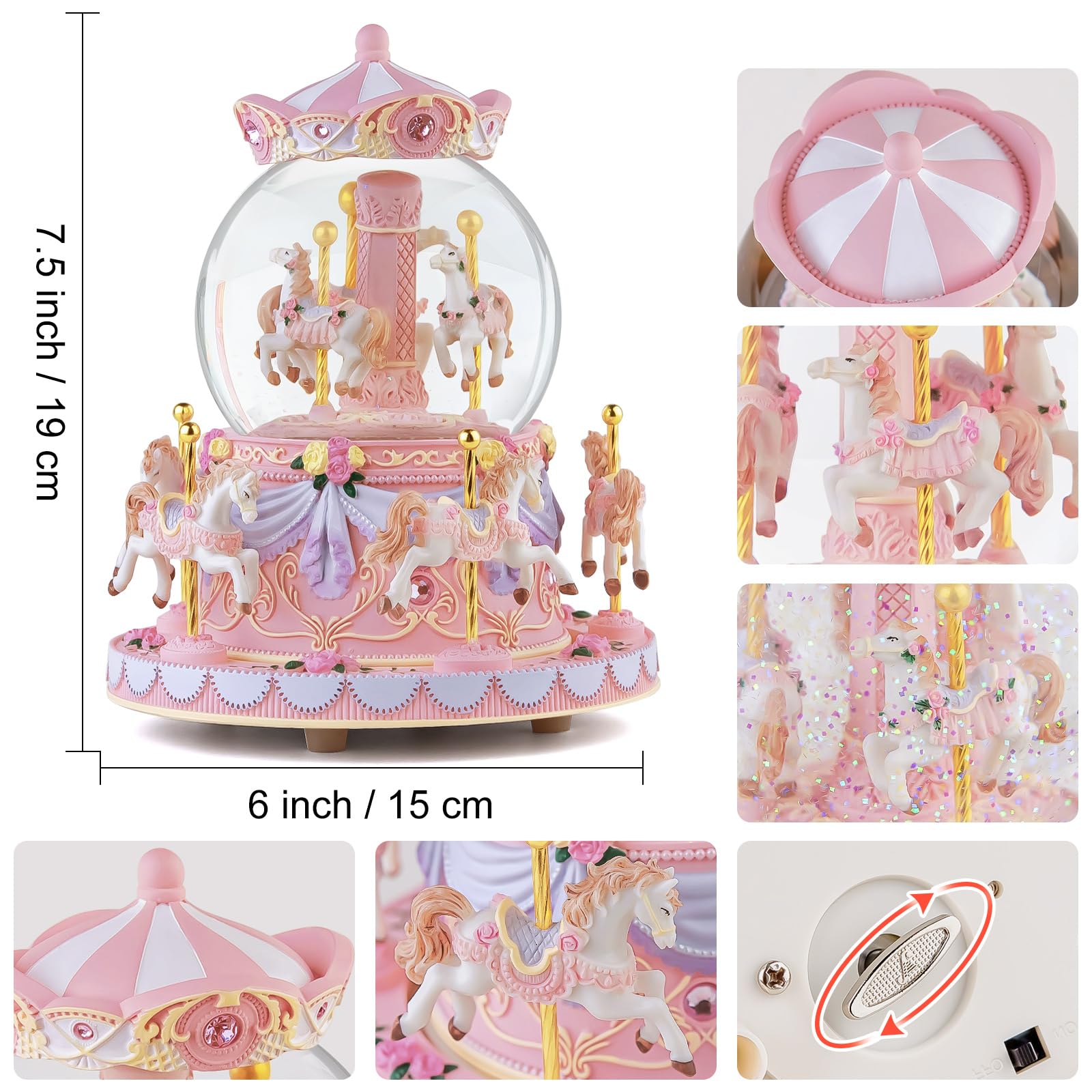 Carousel,Carillon con neve a forma di globo musicale, regalo per anniversario, compleanno, per moglie, figlia, fidanzata, mamma, San Valentino, giostra con luci gioca castello nel cielo