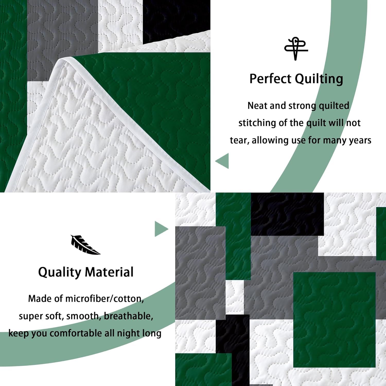 3 Piece Green Quilt Set Full/Queen Size Christmas Green Black Geometric Reversible Bedding Set Microfiber Lightweight Bedspread Coverlet with 2 Shams Modern Bed Cover for All Season, 90''x96'' - Image 4