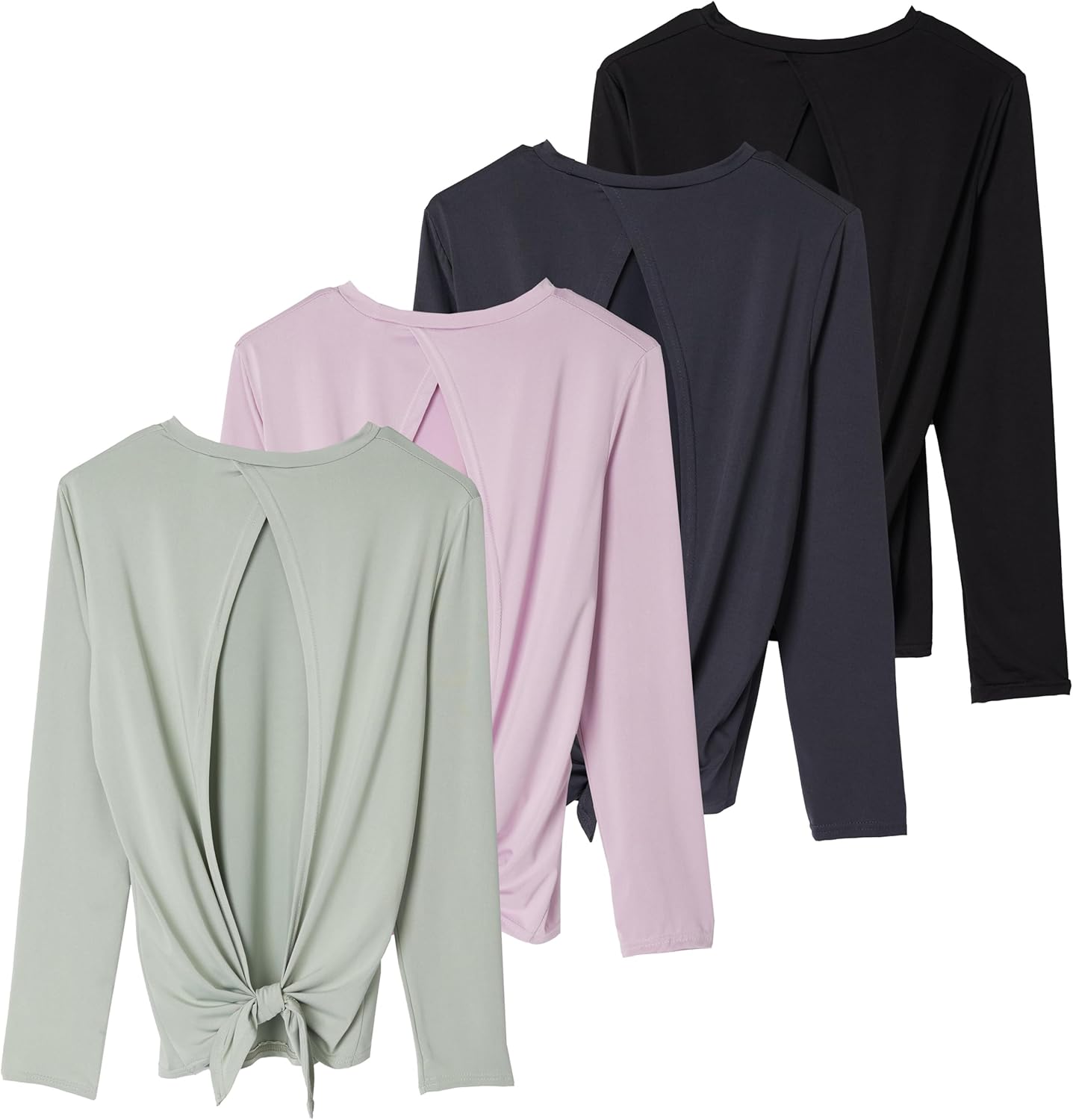 Real Essentials 4 Pack: Women's Dry-Fit Long-Sleeve Tie Back Open Back Athletic Workout T-Shirt (Available in Plus Size)