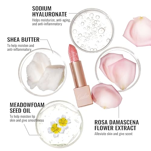 Miniatura 6 de Oulac Lápiz labial hidratante rojo coral, bálsamo labial teñido con aceite de rosa de damasco alivia los labios, maquillaje de labios brillante y