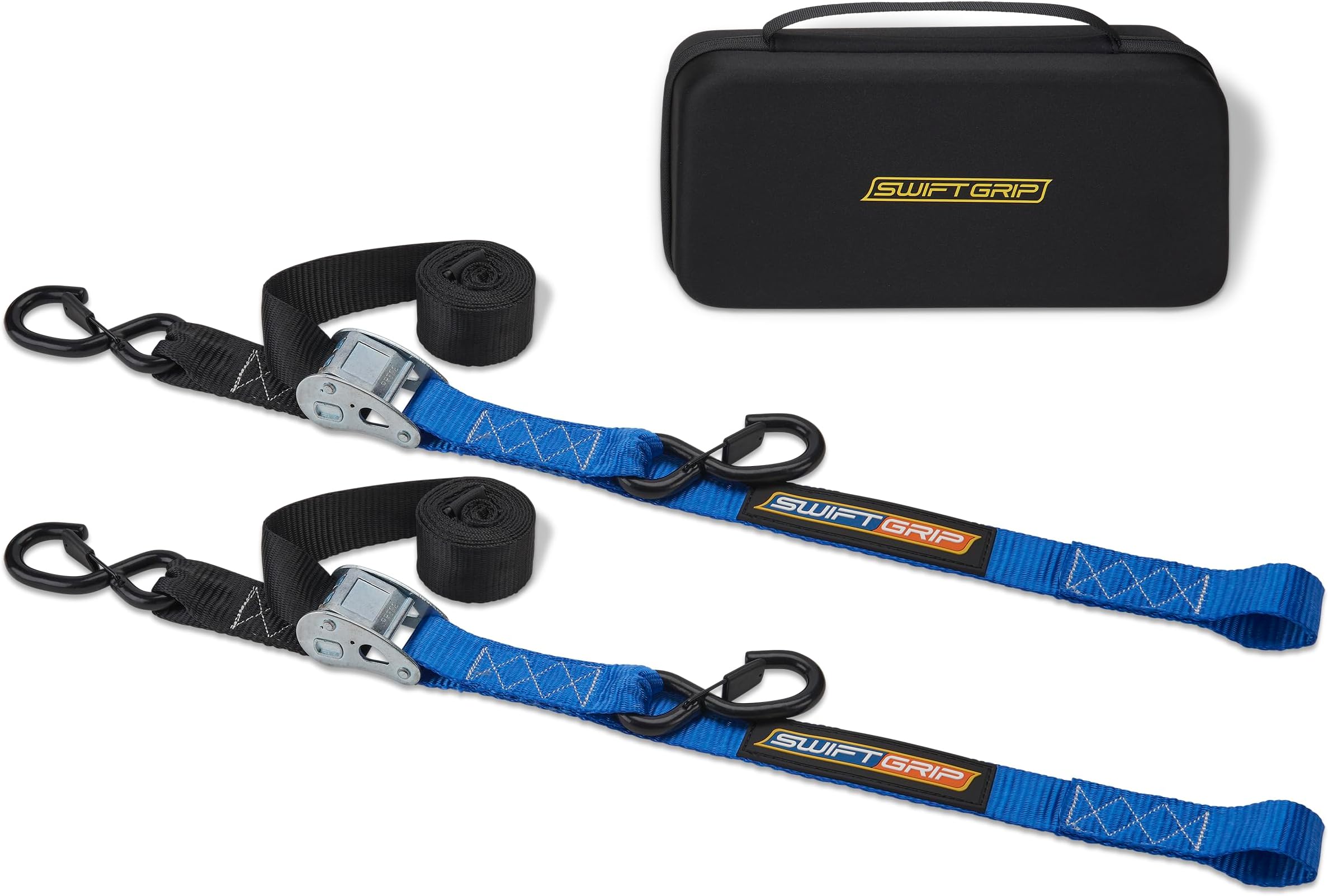 Cam Buckle Straps Heavy Duty Tie Downs (2)1.5"x 8' Motorcycle Tie Downs w/integrated Soft Tie Hook & Velcro. Cargo Straps, Mountain Bike, E-Bike, Cambuckle Tie Down Straps with hooks (chromoly) (Blue)