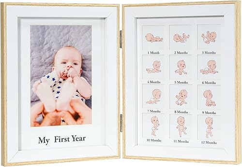 EXCELLO GLOBAL PRODUCTS Portarretratos plegable para el primer año del bebé, acabado de madera natural, capacidad para 1 foto de bebé de 4 x 6