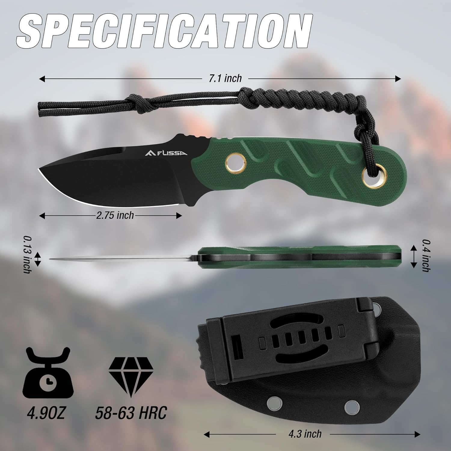 FLISSA Fixed Blade Knife, 7 Inch Full Tang Hunting Knife with G10 Handle, Kydex Sheath and Emergency Rope for Tactical, Survival, Camping, Hiking(Green) (Pack of 2)