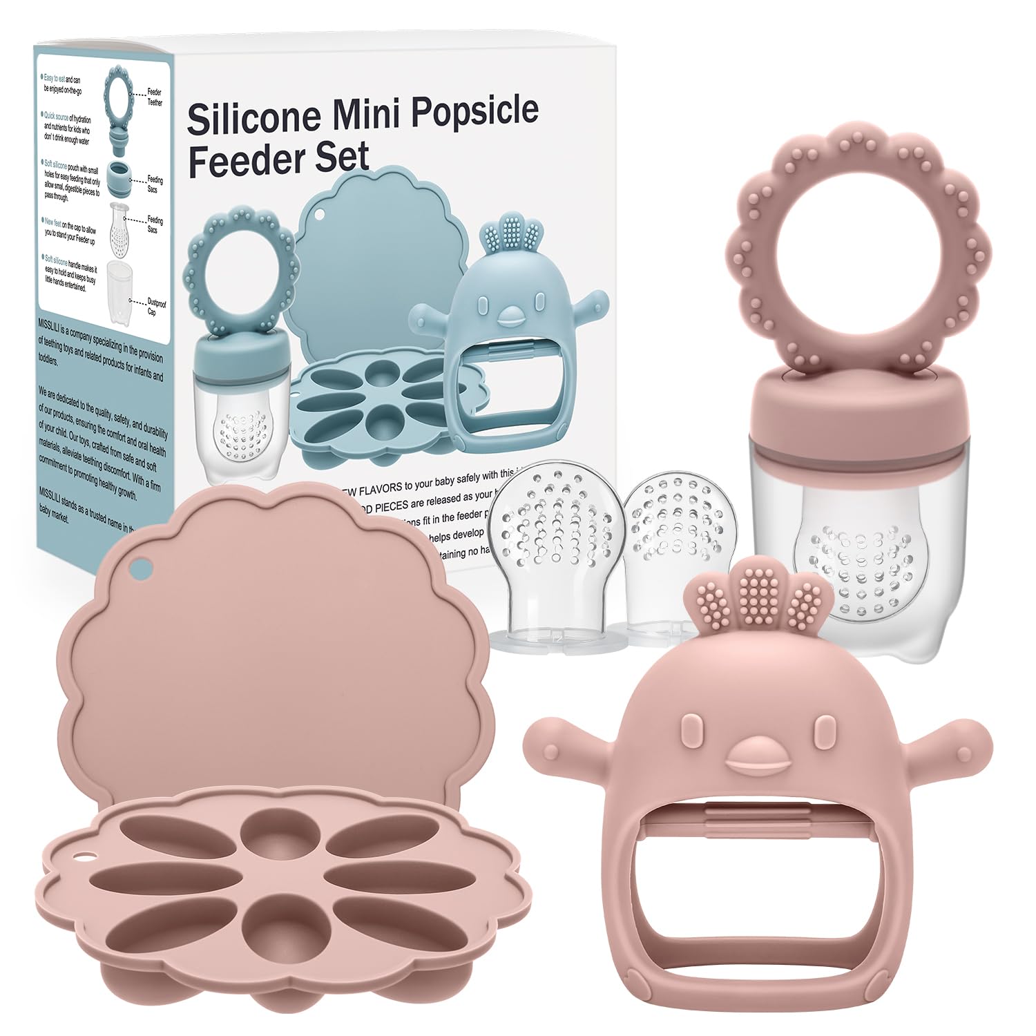 CLDY Baby Fruit Food Feeder, Mini Freezer Tray Combo, Breastmilk Popsicle Freezer Molds, BPA Free Silicone Teether for Toddler Infant for 3 Month+ Toddler Teething&Infant Self Feeding (Pink) โ image 1