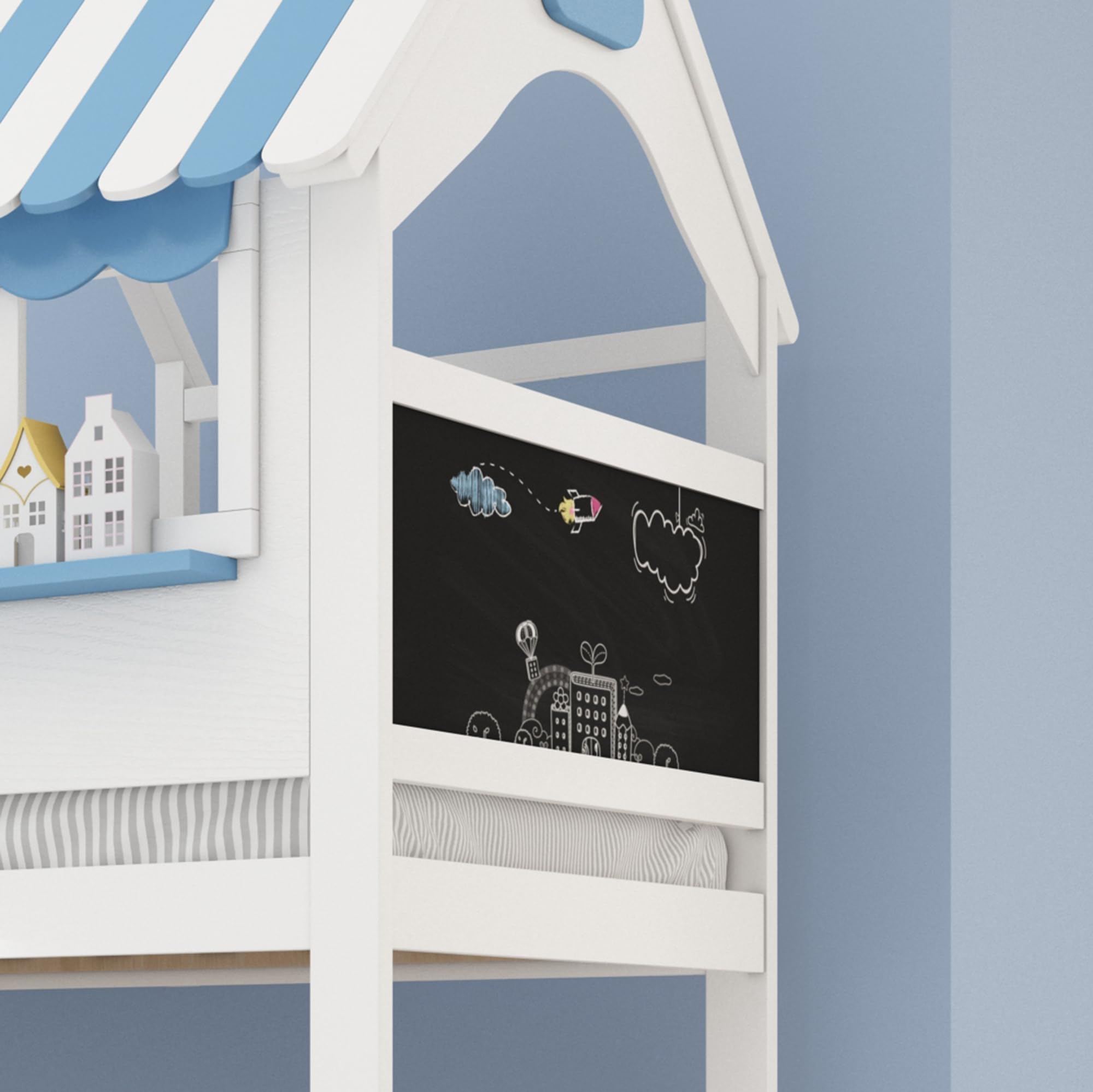 Litera Infantil con Cajón de Almacenamiento | Escalera Inclinada 3 Peldaños + Diseño Ventana Única | Tablero Grafiti Lateral | Estructura Pino+MDF | Blanco/Azul | 90x200cm y 120x200cm