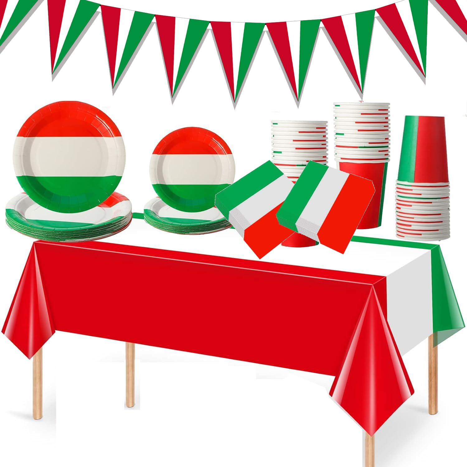 Italian Flag Party Supplies Set - Tableware With Banner, Plates, Cups, Napkins, Tablecloth - Red, White and Green Favors for Italy Family Gathering - Kitchen Dining Serves 20 Guests