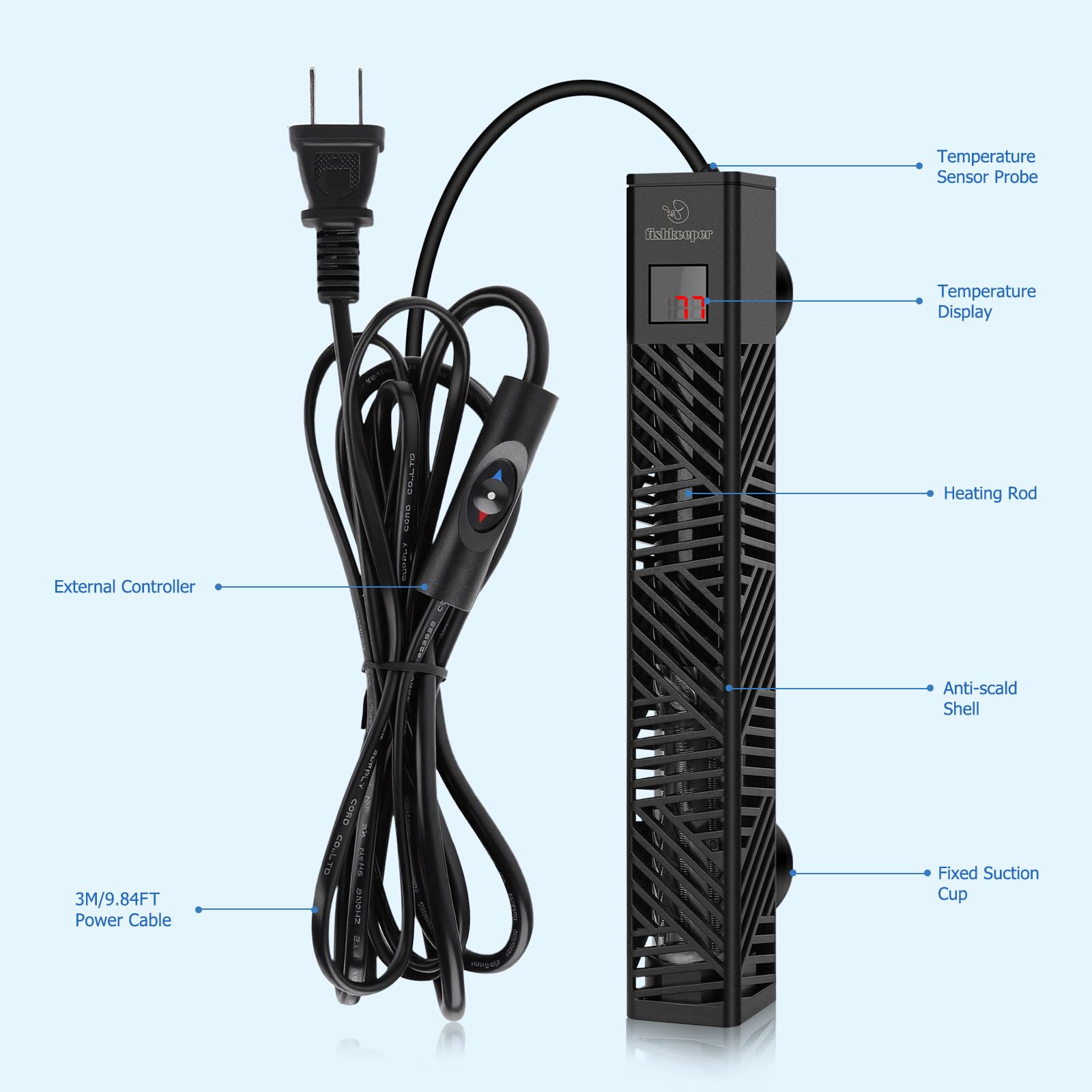 fishkeeper Chauffage d'aquarium submersible réglable de 25 W/50 W/100 W/200 W/300 W pour aquarium d'eau salée et d'eau douce avec affichage numérique LED et protection contre la surchauffe