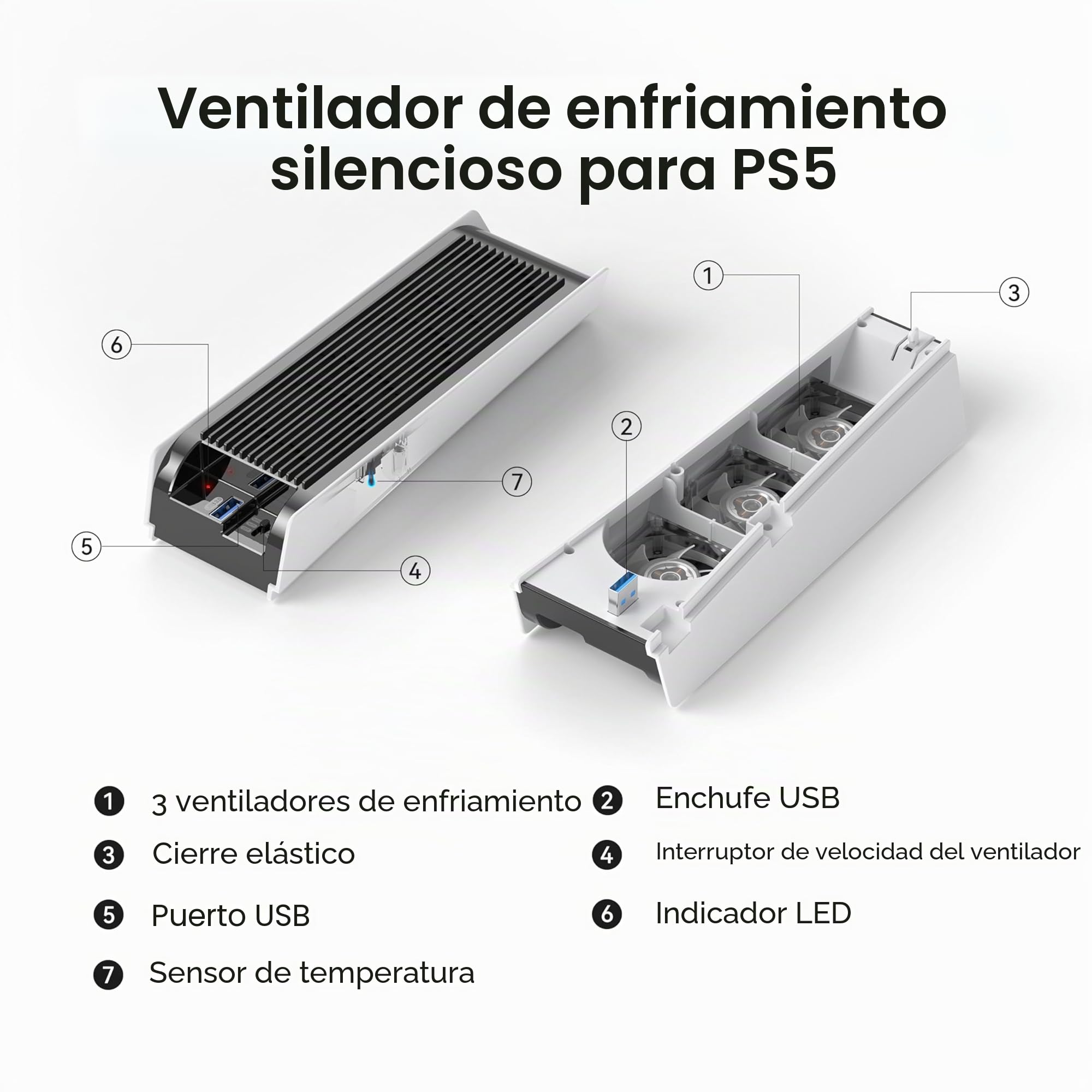 KIWIHOME Ventilador de refrigeración para accesorios PS5, ventilador silencioso actualizado con 3 ventiladores y USB externo para PS5 Digital/Ultra HD Consola, No para PS5 Slim (Blanco)