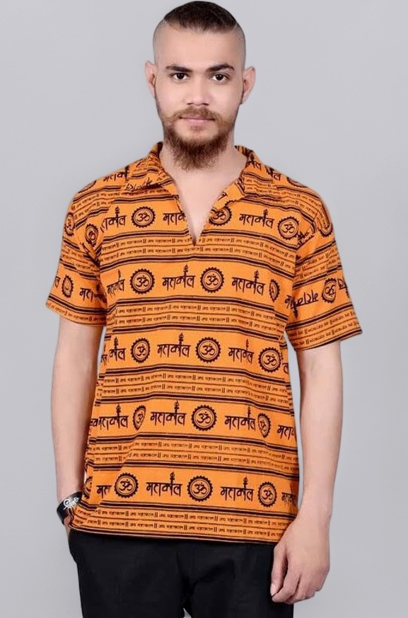 Men Printed Casual Yellow Shirt ()_BZ_MAHAKAL ORANGE-2XL