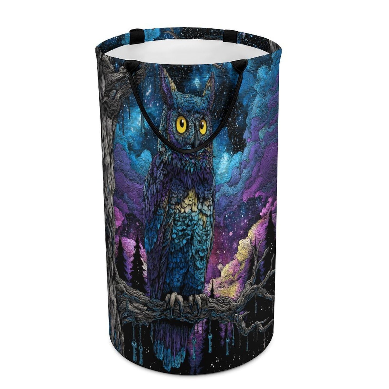 LUYYSKY Colorful Realistic Cool Owl Collapsible Dirty Clothes Basket, Modern Painting Art Starry Sky Galaxy Nebula Animals Owl Portable Clothes Storage Basket