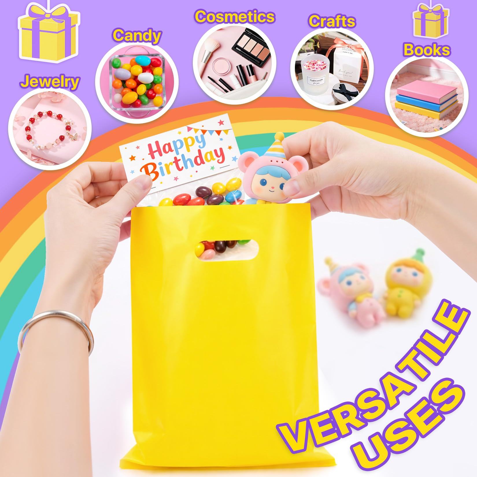 ANZNKU 8"x11" Yellow Party Favor Bags 50 PCS, Plastic Gift Bags for Easter Candy Treat Jewelry Craft, Goodie Bag with Die Cut Handles for Birthday, School Events & Small Business, Wedding