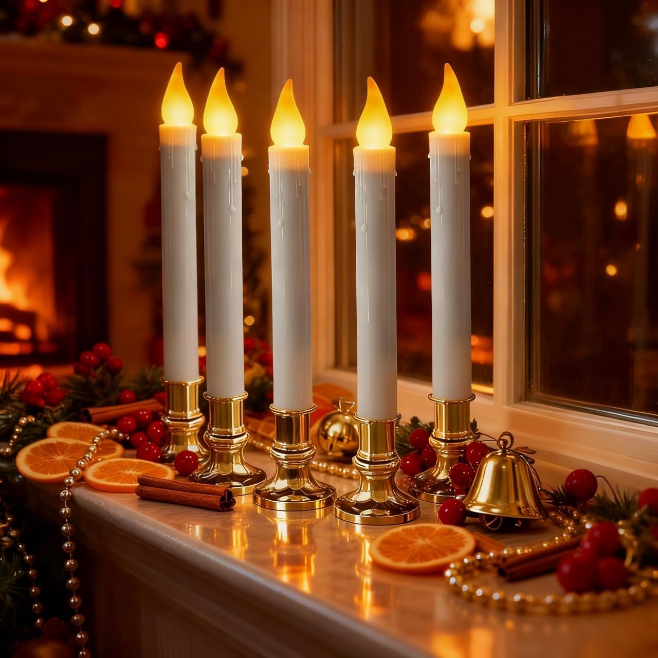 Flameless Candles Christmas Window Candles - 9.3in Flameless Taper Candles with Suction Cups Flickering Timer for Halloween Christmas Wedding Home Decor Candlesticks Fireplace (6pcs-Gold)