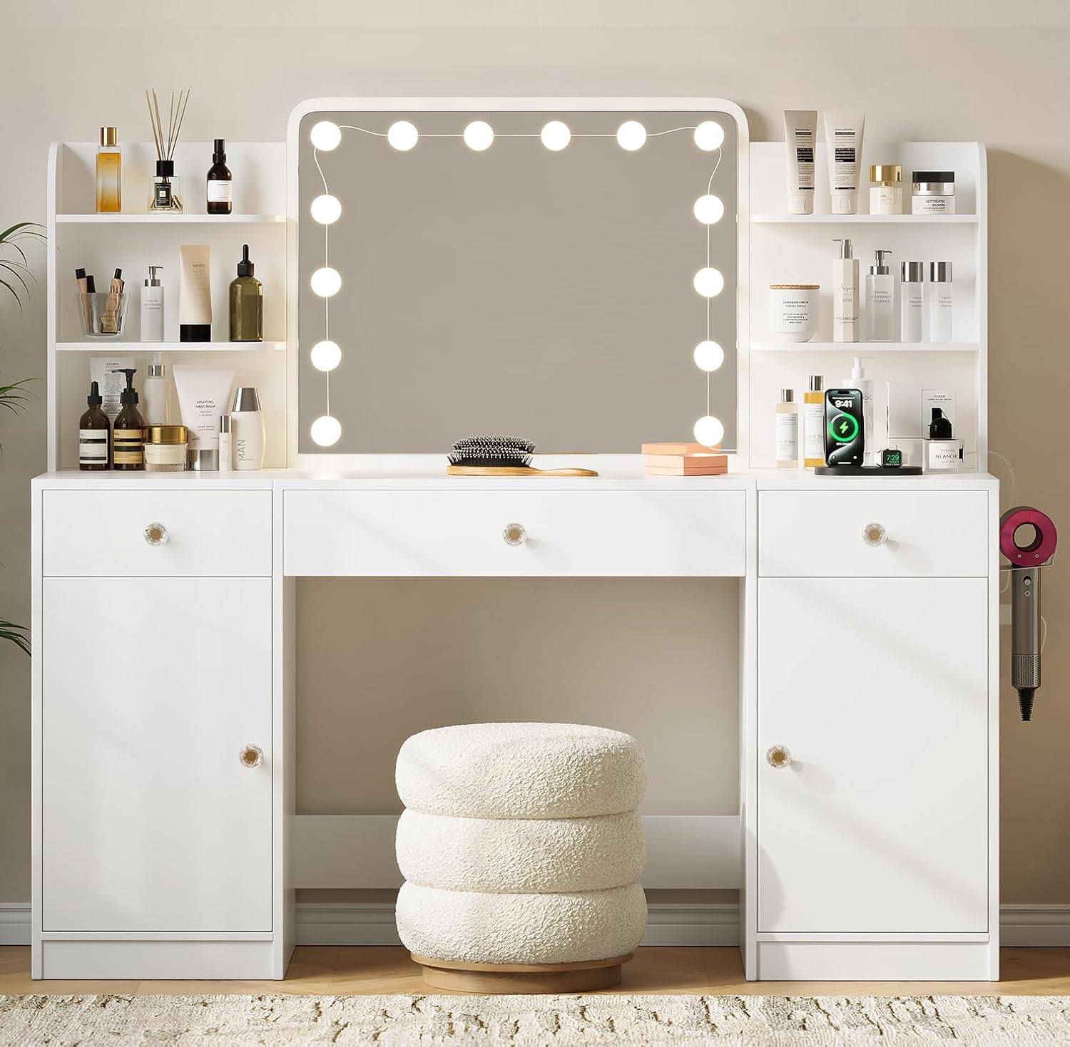 Large Vanity Desk 58'' One-Piece Makeup Table with 3 Color Adjustable Brightness Bulbs, Make Up Vanity with Charging Station and 3 Drawers, 2 Large Cabinets, Big Vanity with Lights for Bedroom, White