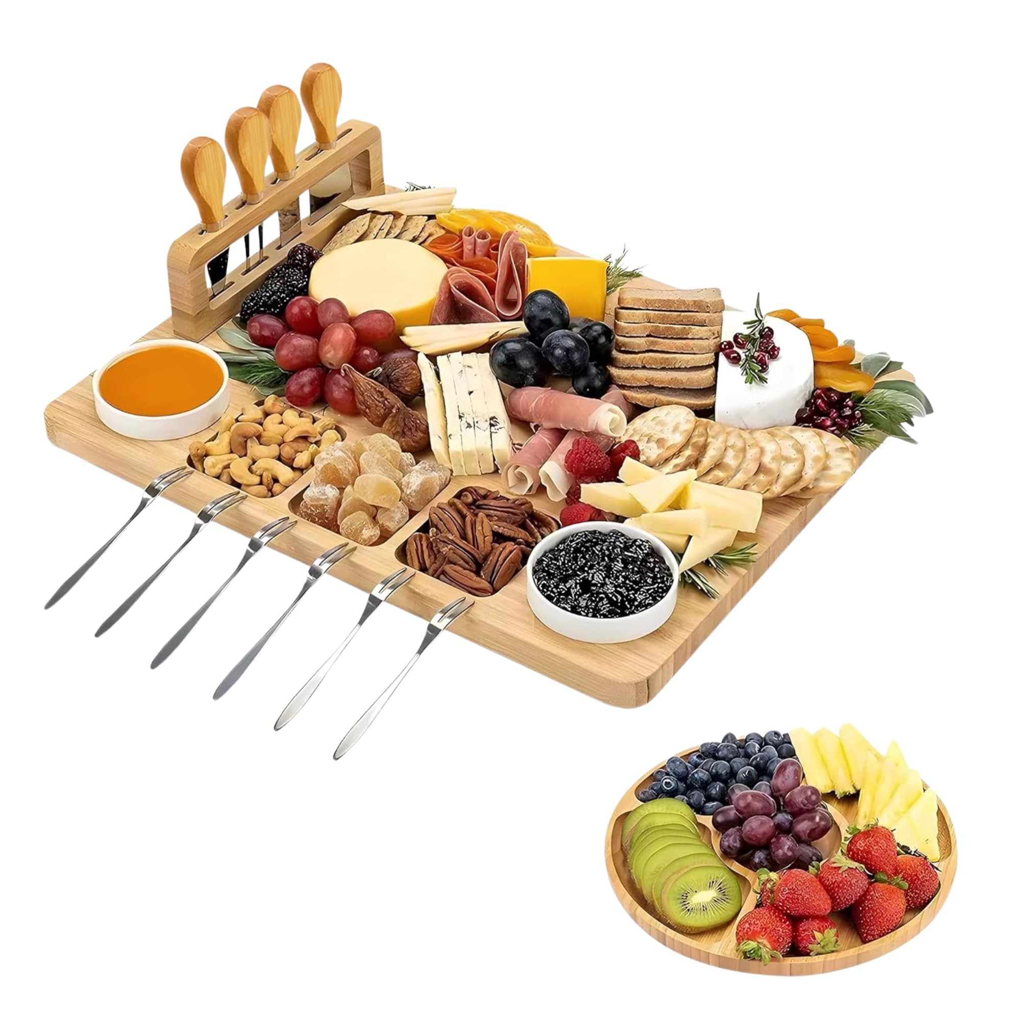 Tabla de Quesos de Bambú con Cuchillos y Tenedores - Set de Tabla para Aperitivos y Embutidos con Bandeja de Servicio | Bandeja de Madera Ecológica para Tapas, Fruta y Carne | Regalo Original