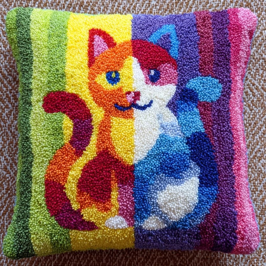 Taxpy Latch Hook Kits for Adults Colorful Cat DIY Rug Tapestry Kits with Printed Canvas Embroidery Festival S Home Decoration 17Inch X 17Inch