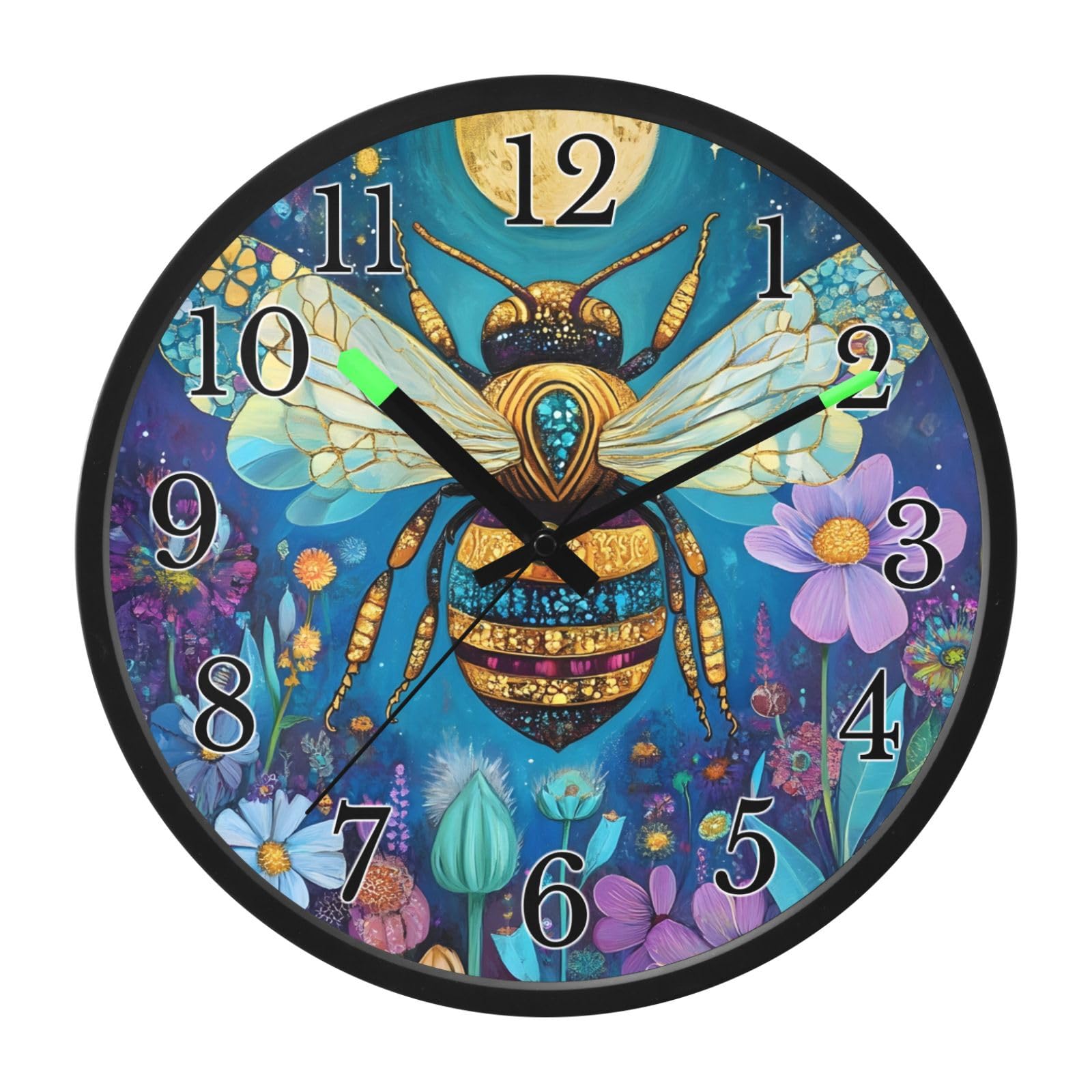 Mnsruu Reloj de pared luminoso con diseño de abeja y luna y flores, funciona con pilas, silencioso, brilla en la oscuridad, para sala de estar, cocina, 12 pulgadas