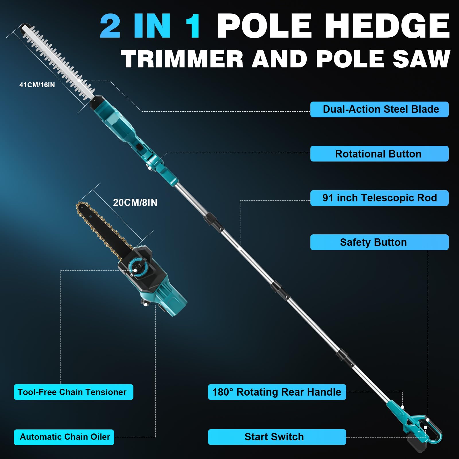 4-in-1 Akku Heckenschere Teleskop & Mini Kettensäge für Makita 18V, 8 Zoll Hochentaster Astsäge, 400mm Schnittlänge Akku Gras- und Strauchschere, Max Reichweite bis zu 4,5m, für Garten
