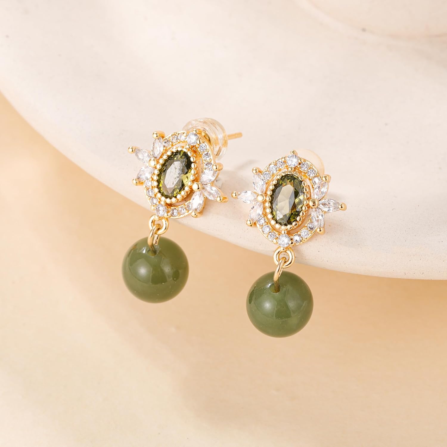 Natural Hetian Jade Earrings, Dainty Green Real Jade Charm Pendant Jewelry Studs, Zircon Shines Turquoise Earrings for Women (925 Sterling Silver with Gold Plated) - Image 6