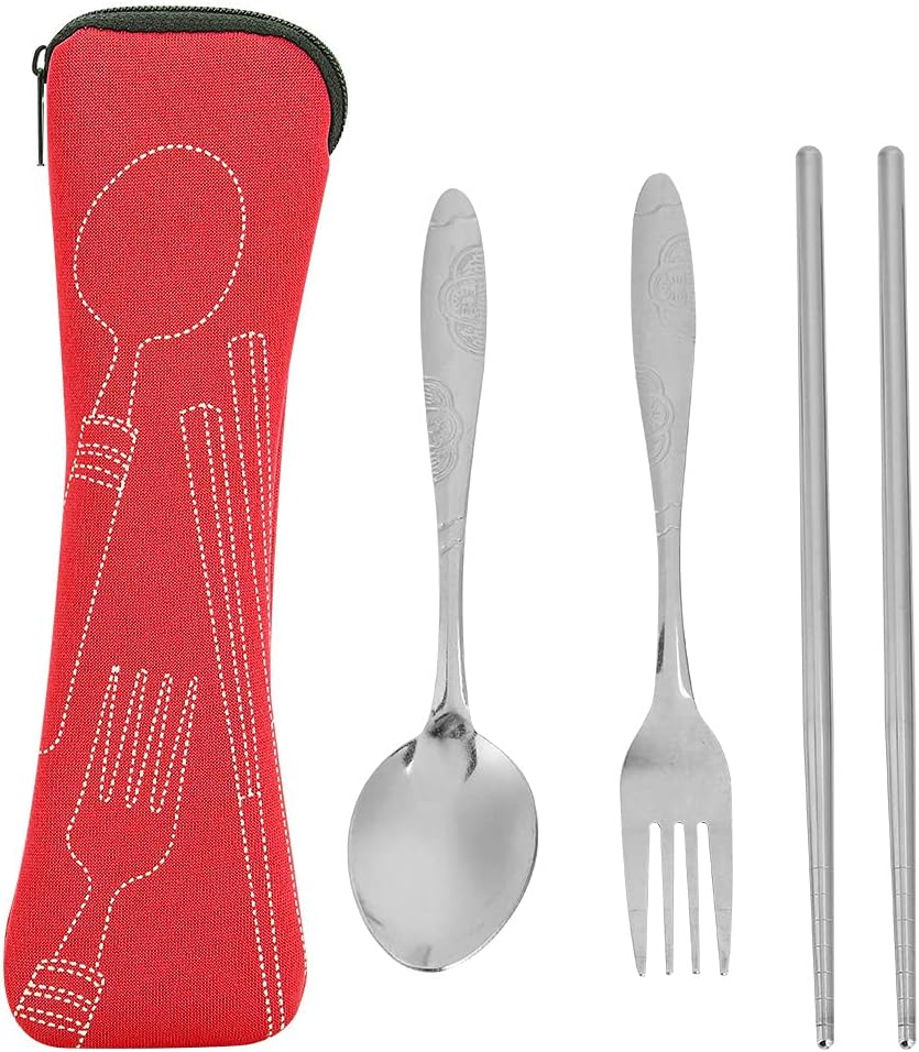 Horoper Travel Utensils Stainless Steel 4pcs Cutlery Set Portable Stainless Steel Spoon Fork Chopsticks with Storage Bag Camping Cutlery Tableware Set Include Fork Spoon